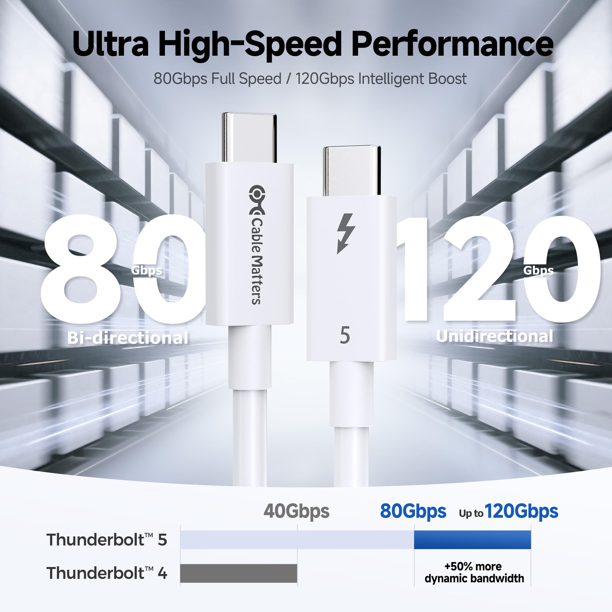 Cable Matters [Intel Certified] 80Gbps Thunderbolt 5 cable with up to 120Gbps bandwidth boost and 240W charging in white - 1m/3.3ft, compatible with Thunderbolt 4, USB 4 and USB-C