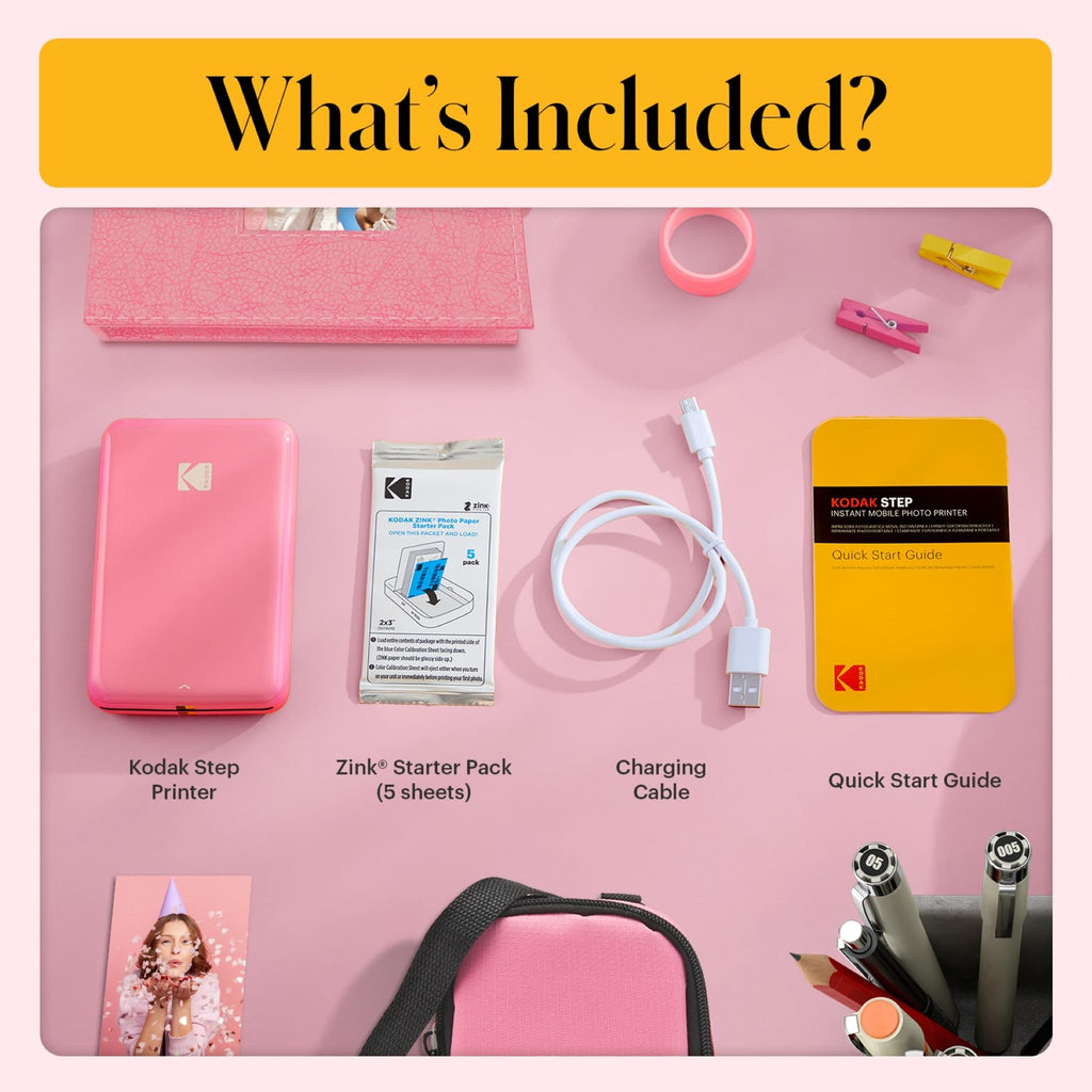 KODAK Step Instant Photo Printer with Bluetooth/NFC, Zink Technology & KODAK App for iOS & Android (Pink) Prints 2x3� Sticky-Back Photos.