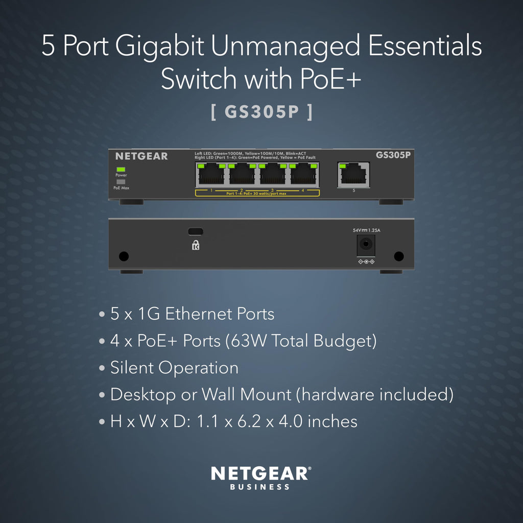 NETGEAR 5-Port PoE Gigabit Ethernet Unmanaged Essentials Switch (GS305P) - with 4 x PoE+ @ 63W, Desktop or Wall Mount