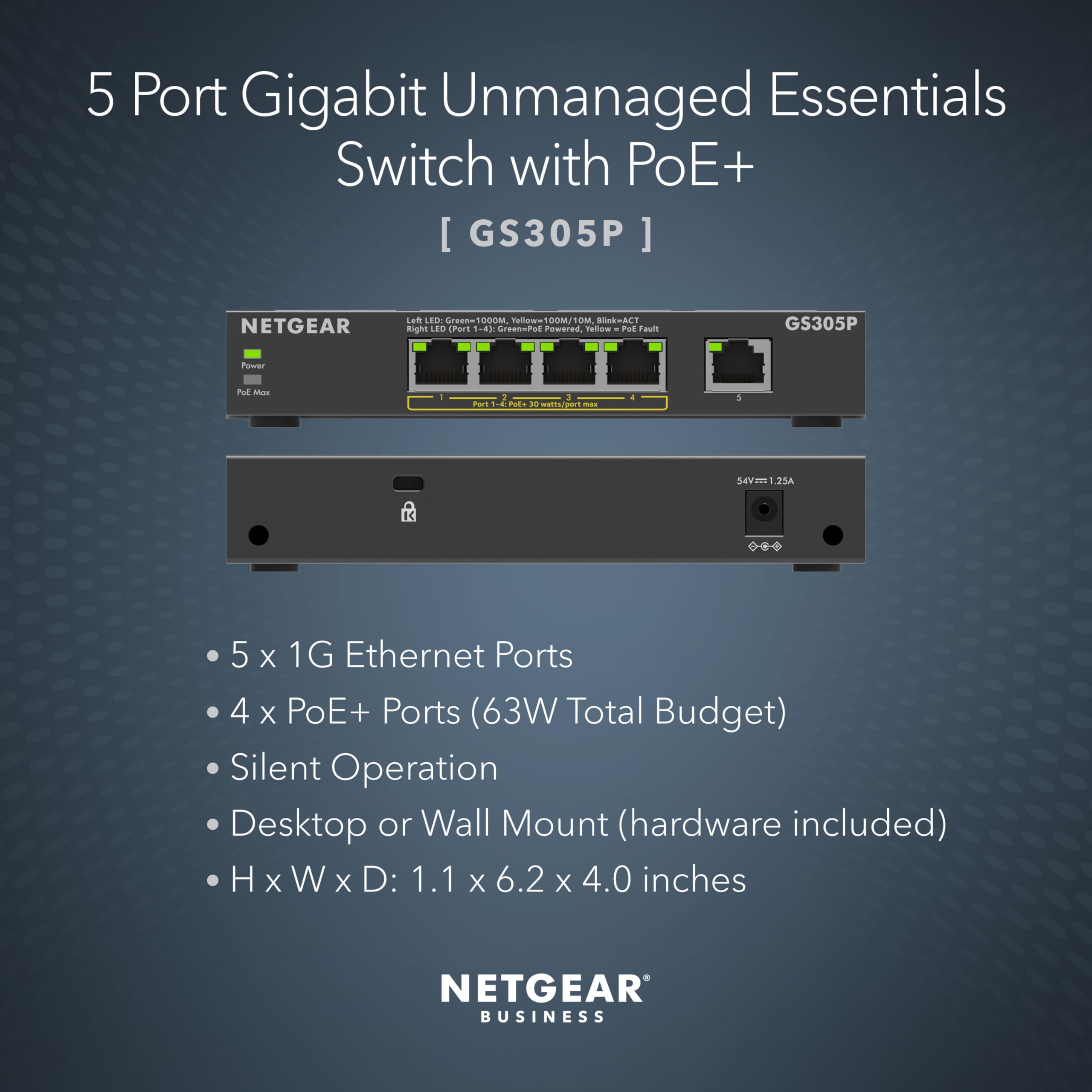 NETGEAR 5-Port PoE Gigabit Ethernet Unmanaged Essentials Switch (GS305P) - with 4 x PoE+ @ 63W, Desktop or Wall Mount