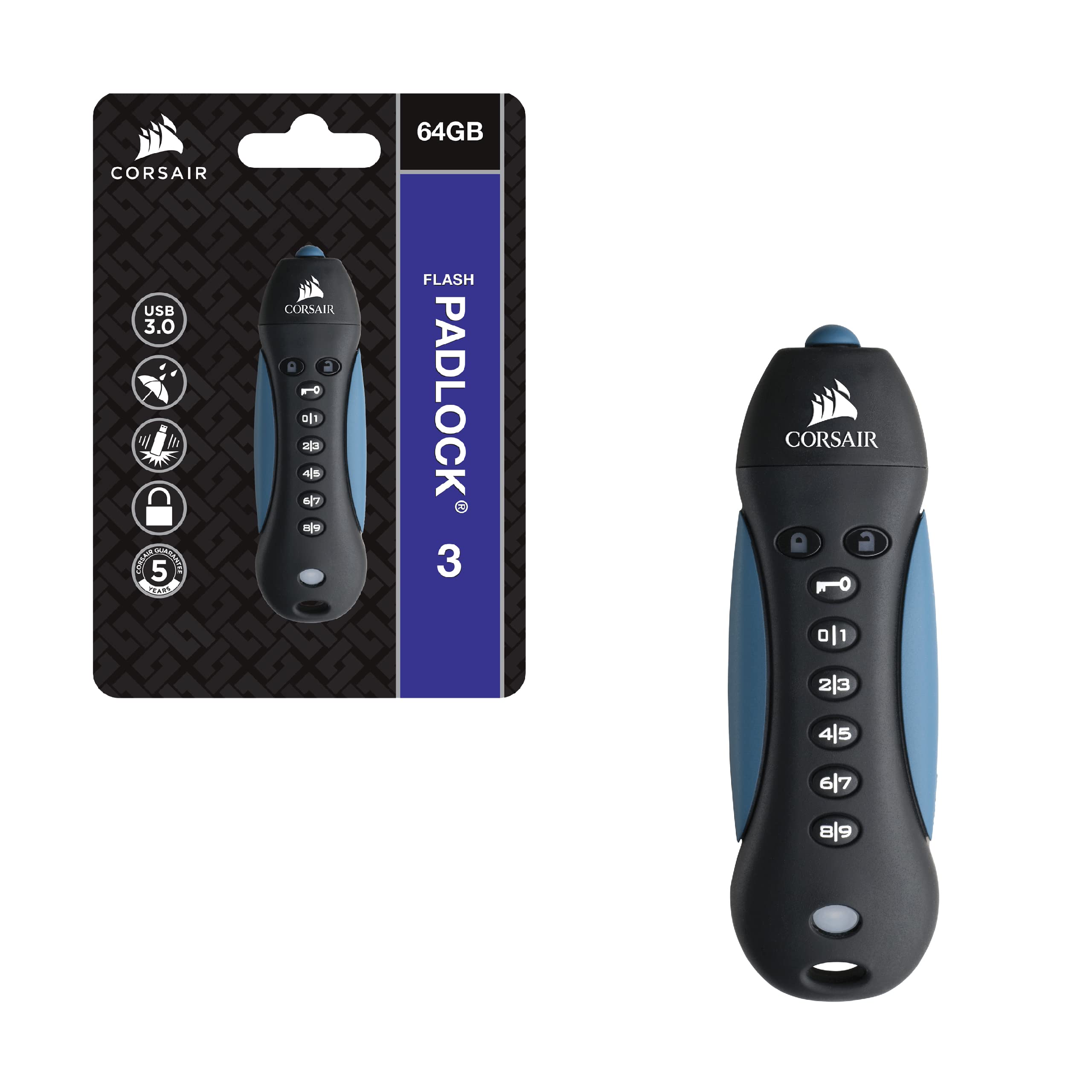 Corsair Flash Padlock 3, 256 GB Secure USB 3.0 Flash Drive with Keypad (256-bit AES Encryption, FIPS 197 Security Standards, Ruggedised Rubber Housing, Built-in PIN Pad) Black/Blue