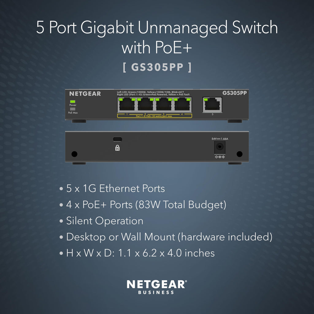 NETGEAR 5-Port Gigabit Ethernet Unmanaged PoE Switch (GS305PP) - with 4 x PoE+ @ 83W, Desktop or Wall Mount