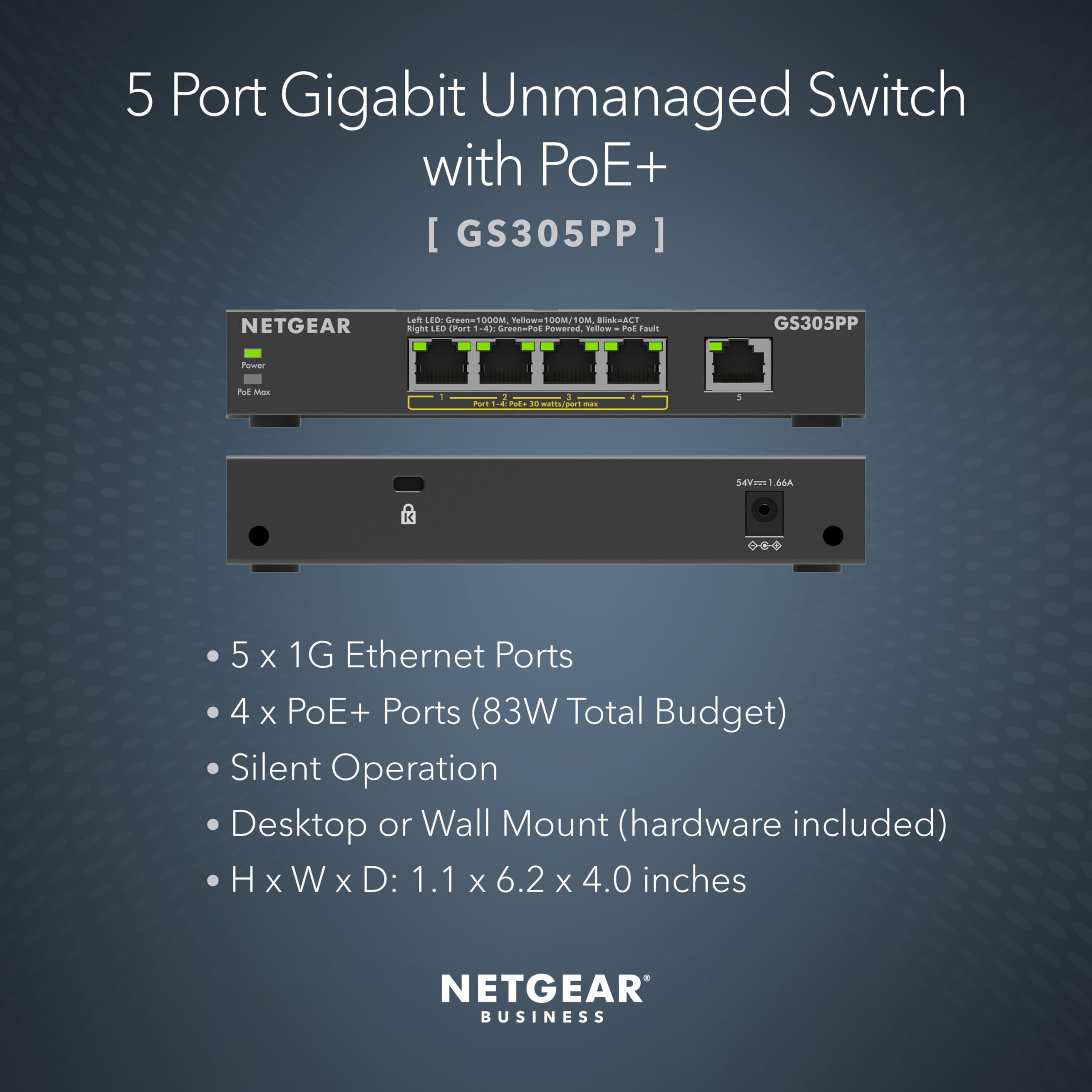 NETGEAR 5-Port Gigabit Ethernet Unmanaged PoE Switch (GS305PP) - with 4 x PoE+ @ 83W, Desktop or Wall Mount