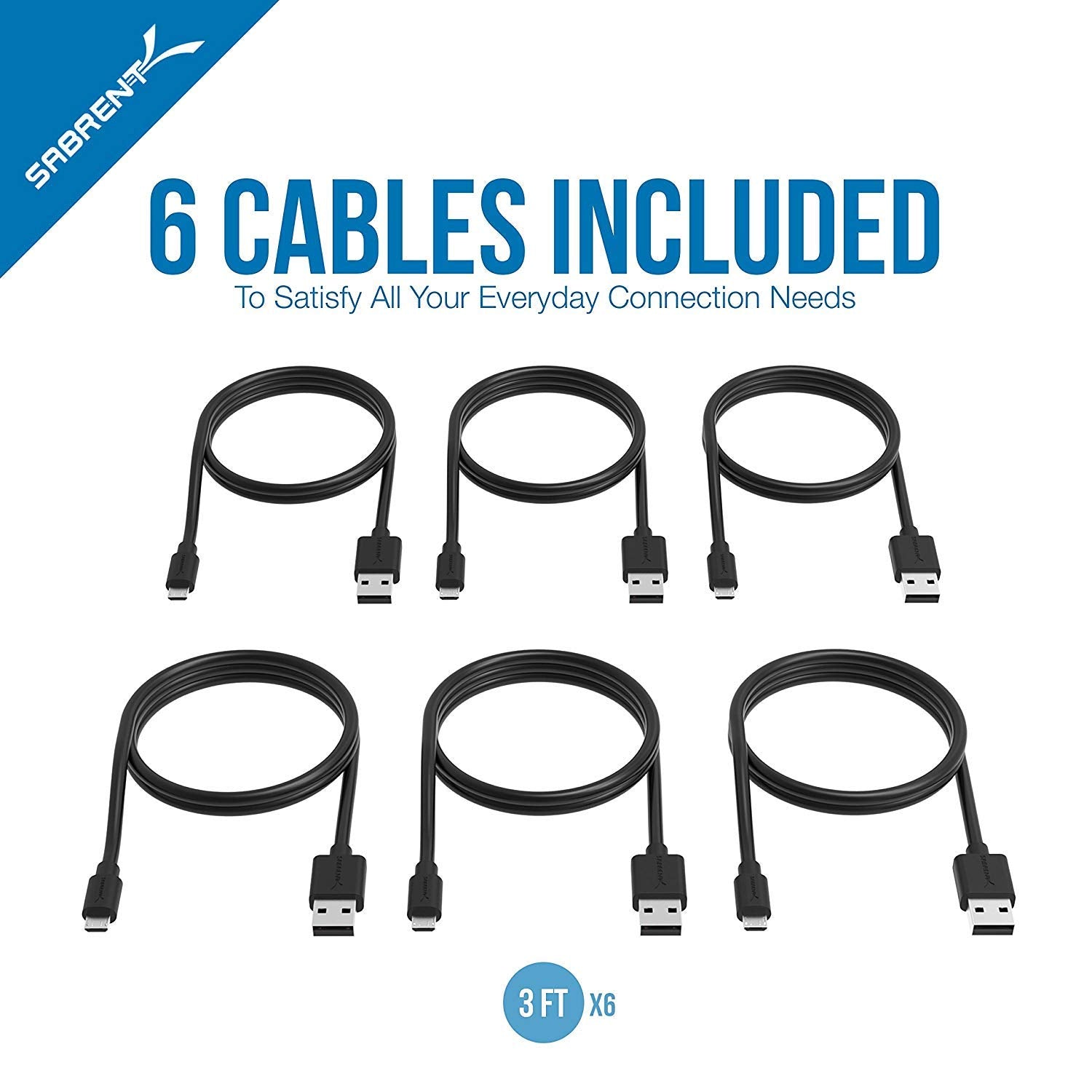 SABRENT [6-Pack 22AWG Premium 90 cm Micro USB Cables High Speed USB 2.0 A Male to Micro B Sync and Charge Cables [Black] (CB-UM63)