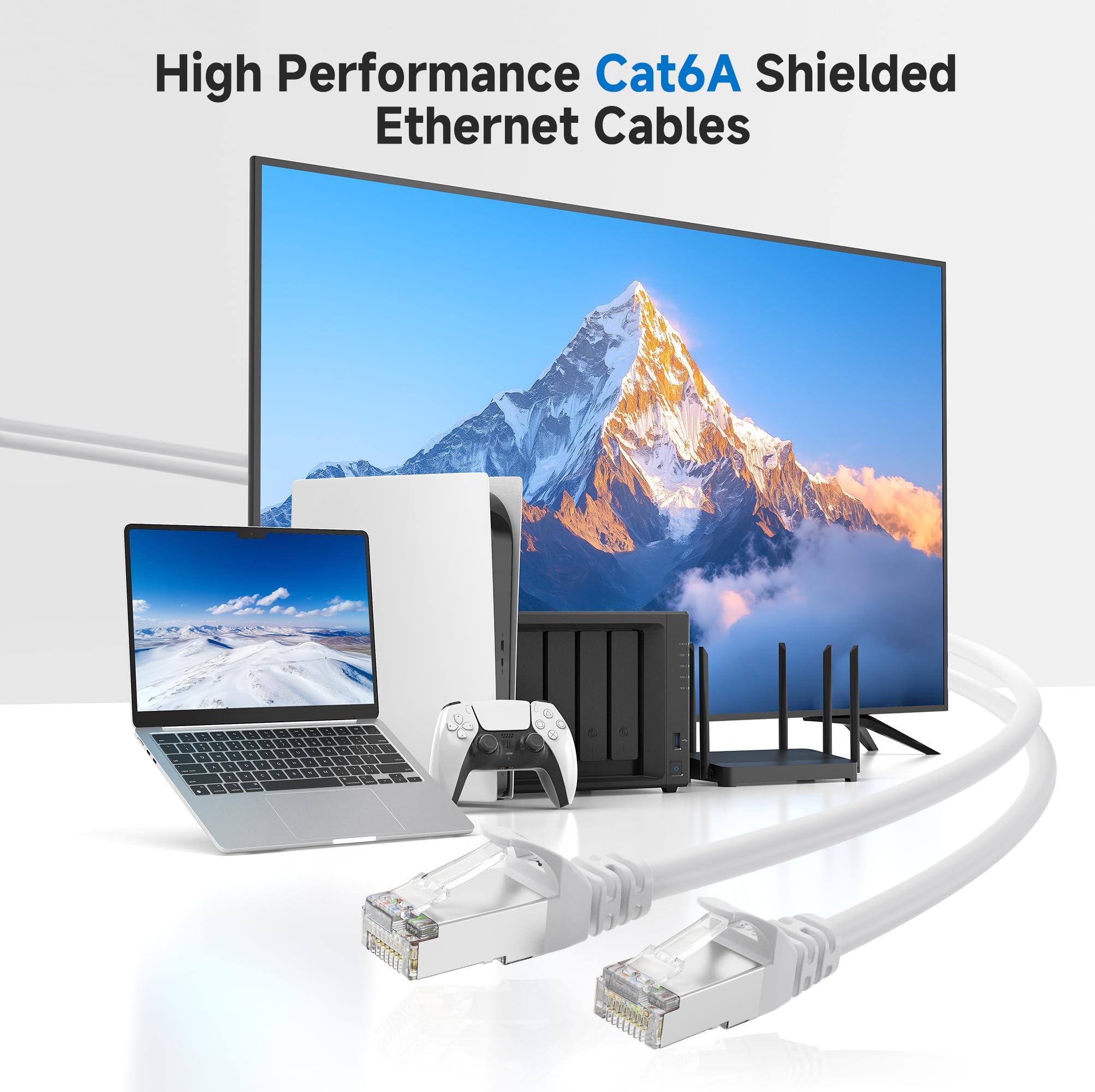 Cable Matters 10Gbps 5-Pack Snagless Shielded Cat 6A Ethernet Cable - 10ft, Cat 6A Cable, Cat6A Cord, Ethernet Cord, White