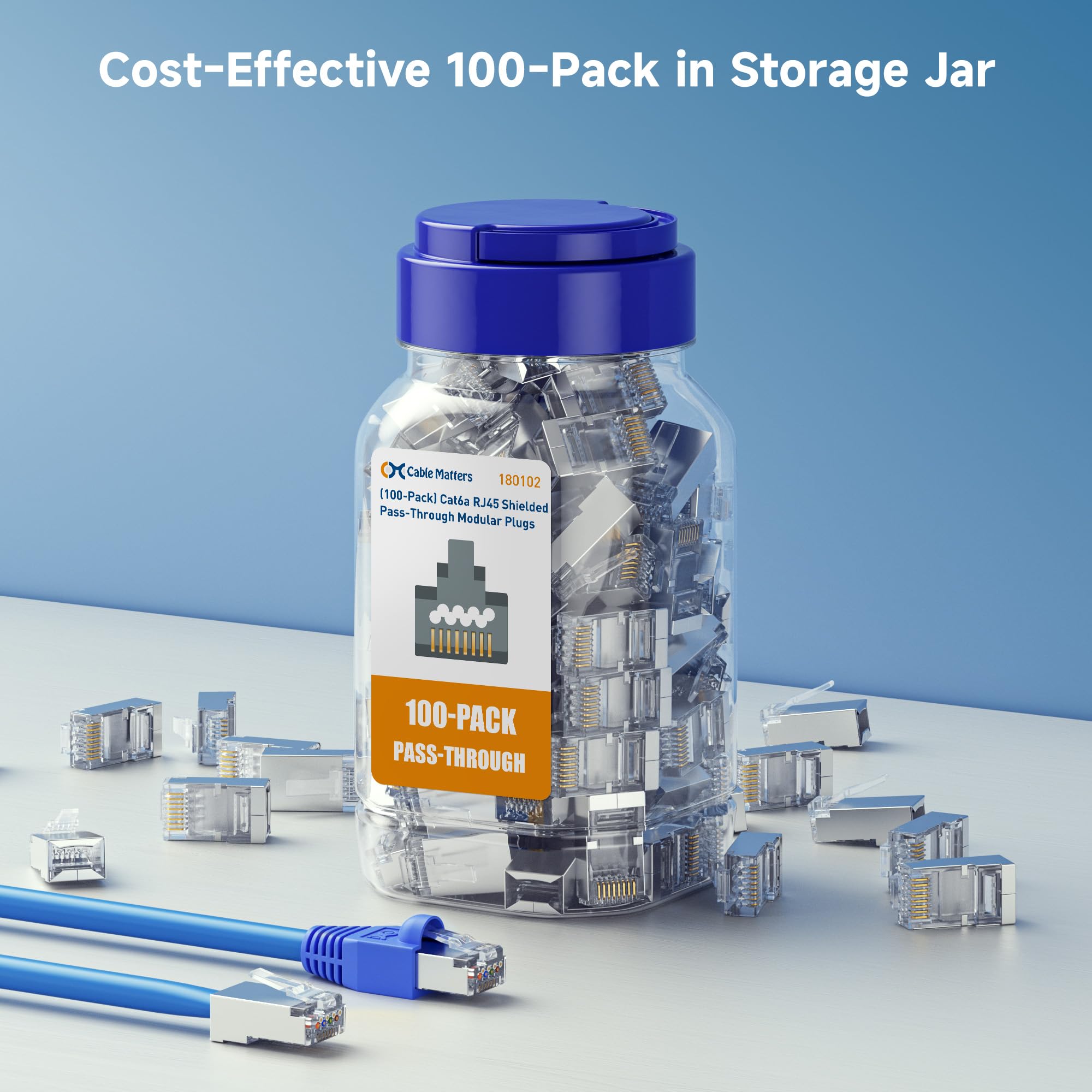 Cable Matters 100-Pack Cat 6A Shielded Pass Through RJ45 Connectors (Cat 6A Ends / Cat6A Connector / RJ45 Modular Plugs/Ethernet Plugs/Network Connector) for Solid or Stranded S/FTP Ethernet Cable