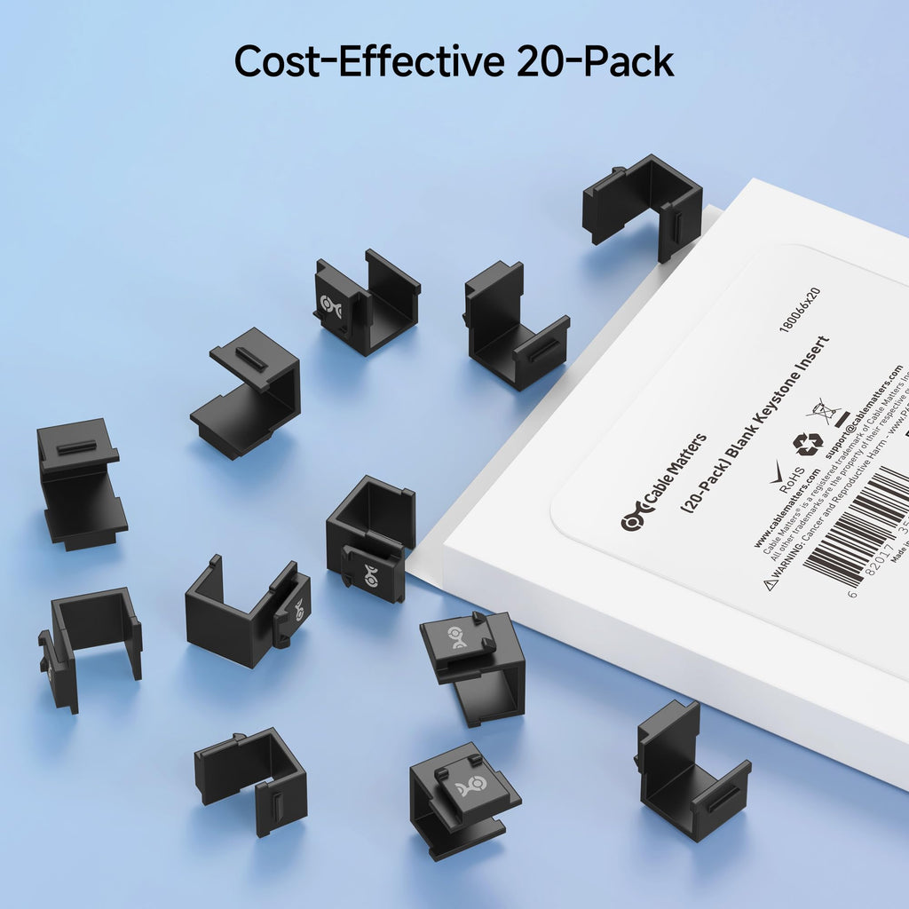 Cable Matters 20-Pack Blank Keystone Jack Inserts in Black, Blank Inserts for Keystone Wall Plates/Patch Panels