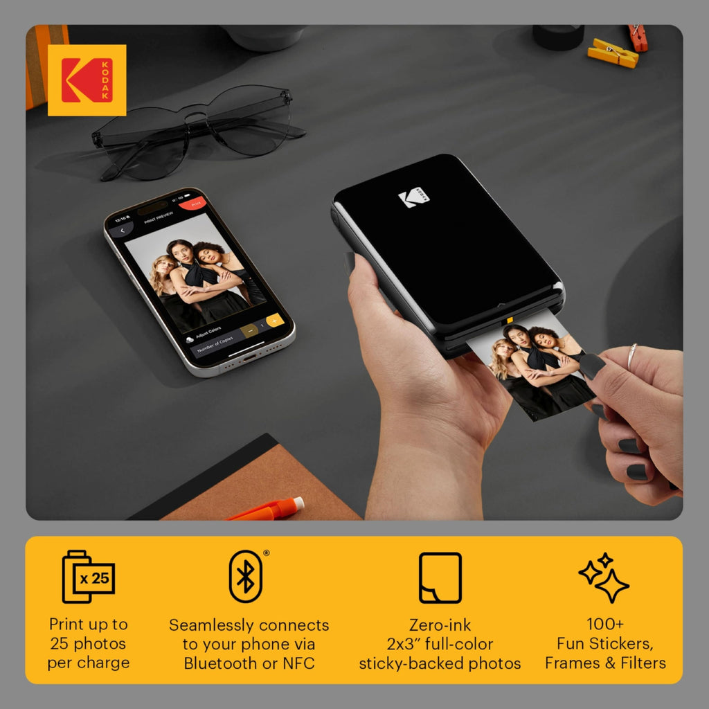 Kodak Step Instant Smartphone Photo Printer, Portable Mini Color Wireless Mobile Printer, Zink 2x3” (5.1x7.5 cm) Sticky-Back Photos, Bluetooth, 75 Sheets Bundle, Black