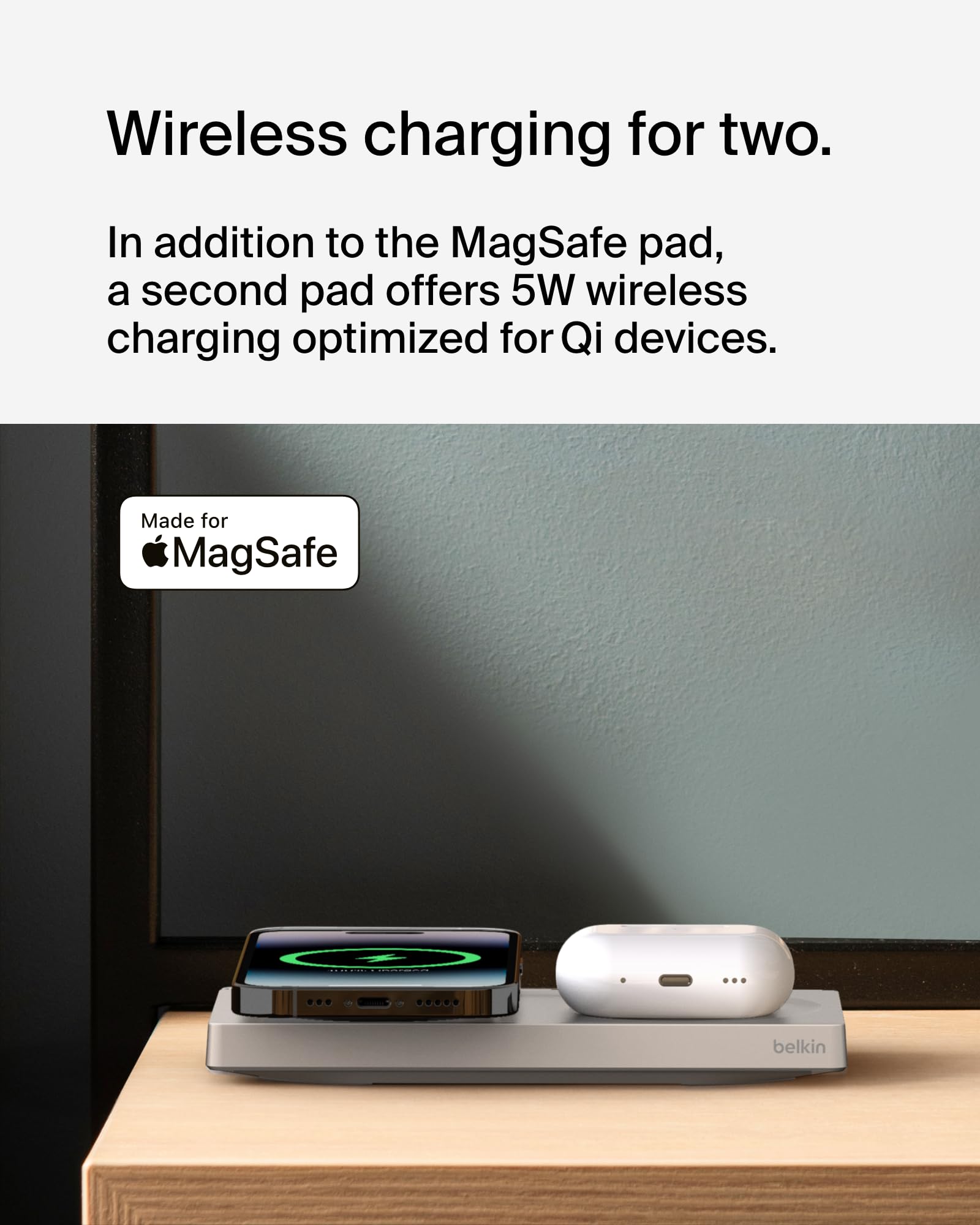Belkin BoostCharge Pro 2-in-1 Wireless Charging Pad with MagSafe 15W, Fast Charging iPhone Charger Compatible with iPhone 15, 14, 13, and 12 Series, AirPods, and Other MagSafe Enabled Devices - Sand