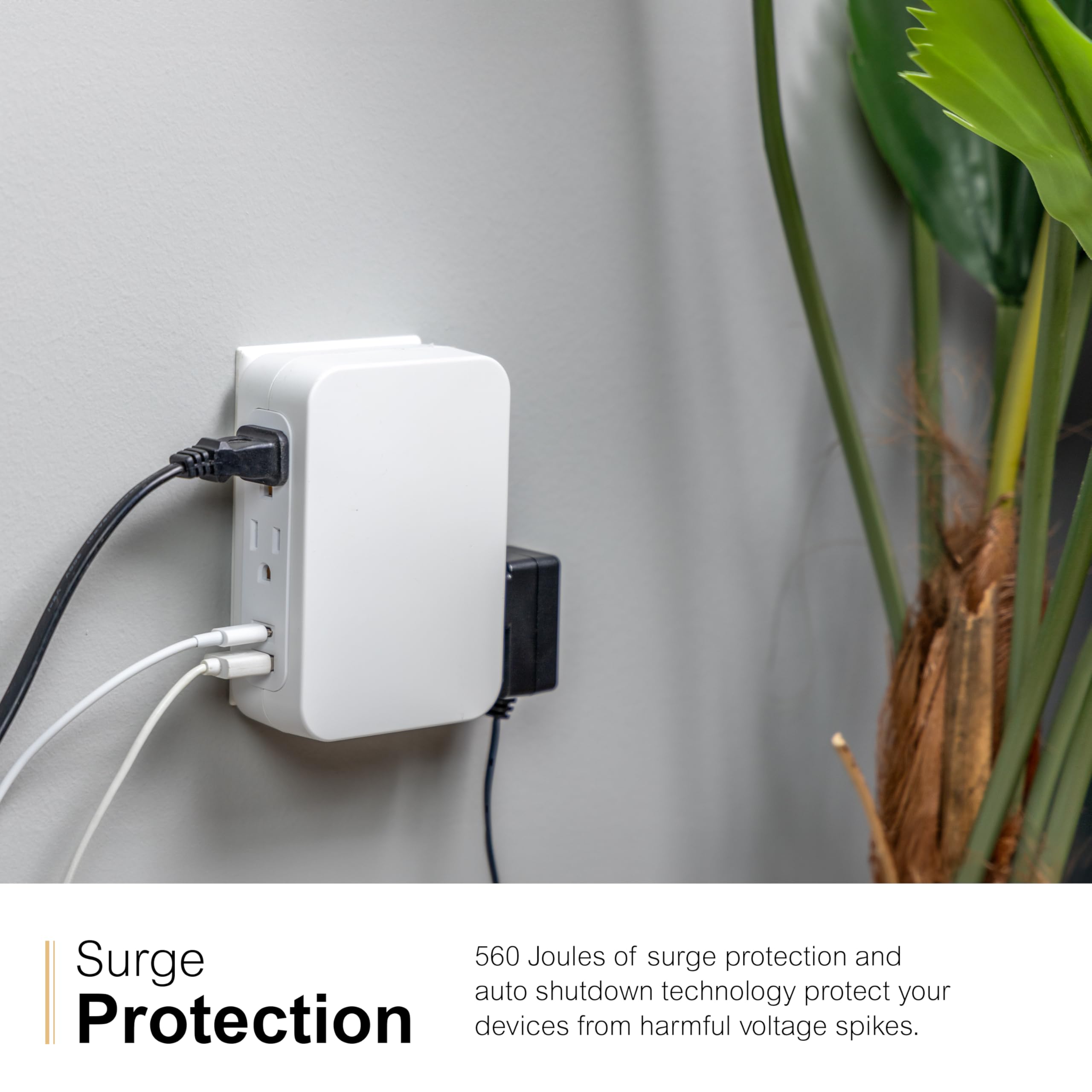 GE USB C 5 Outlet Extender, Side-Access, Wall Tap Surge Protector, Multi-Plug, USB A, 3-Prong, Secure Install, White, 83503