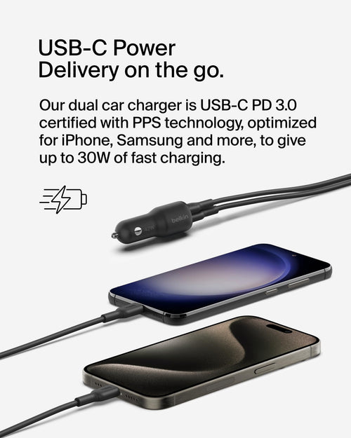 Belkin BoostCharge Dual Car Charger 42W w/Fast Charge USB-C 30W PPS & 12W USB-A Ports + USB-C to USB-C Cable for Apple iPhone 16, 16 Pro, 16 Pro Max, iPhone 15, Samsung Galaxy S24, & More - Black