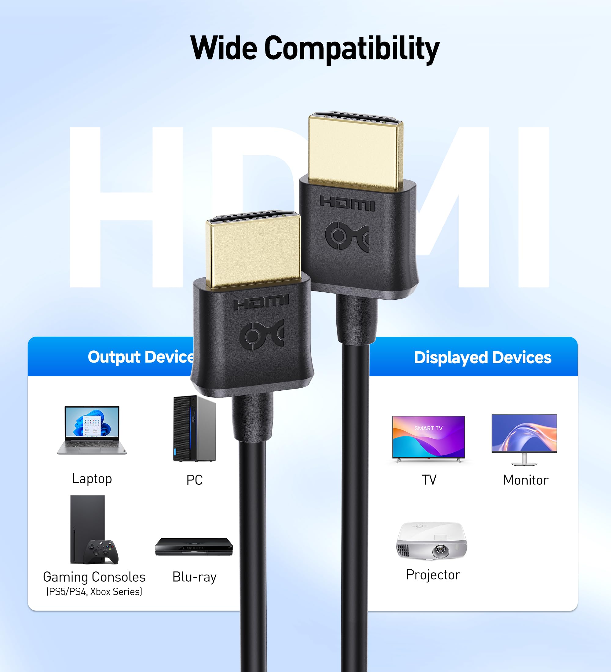 Cable Matters 2-Pack Ultra Thin HDMI Cable 10 ft, Support 4K@60Hz, Ultra Slim HDMI Cable 4K Rated with Ethernet, HDR Support for PS5, Xbox Series X/S, RTX4090/3090, RX 7900/7800, Apple TV, and More
