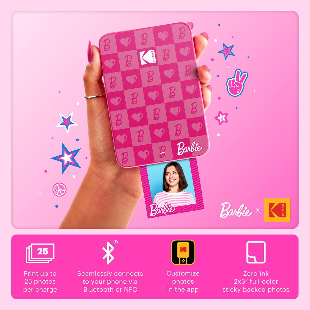 KODAK x Barbie Instant Smartphone Portable Photo Printer, Full Color, Wireless, Zink 2x3” (5.1x7.5 cm) Sticky-Back Photos, Print from iOS & Android Devices with Fun Editing App, Iconic Style