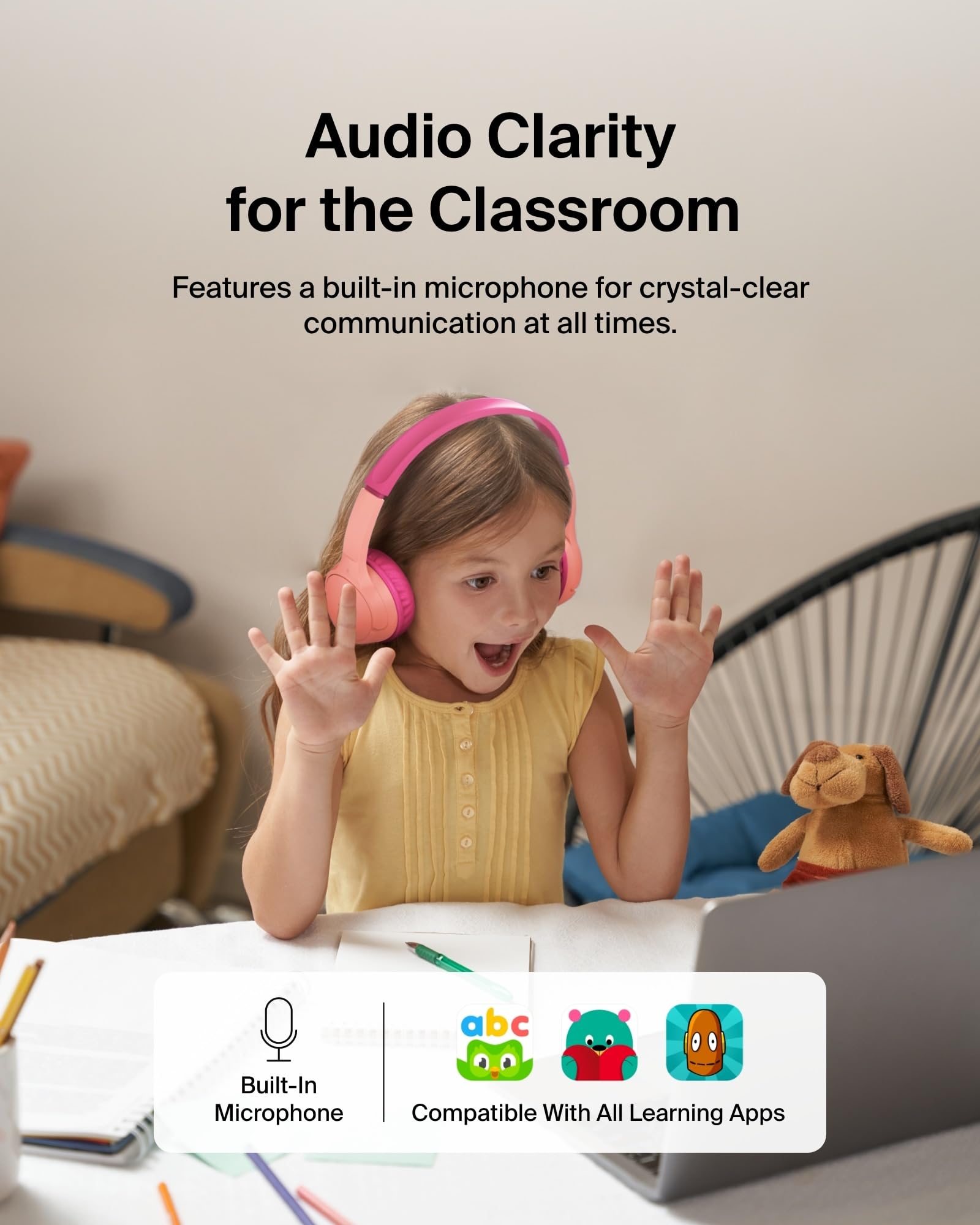 Belkin SoundForm Mini Kids Wireless Headphones w/Built-in Microphone, 30H of Playback Time, Fun Stickers - Over-Ear Headsets for Online Learning, School, iPhone, iPad, Galaxy, & More - Pink