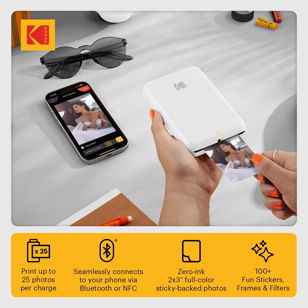 KODAK Step Instant Smartphone Photo Printer, Portable Mini Color Wireless Mobile Printer, Zink 2x3” (5.1x7.5 cm) Sticky-Back Photos, Bluetooth Compatible with iOS & Android Devices, Editing App, White