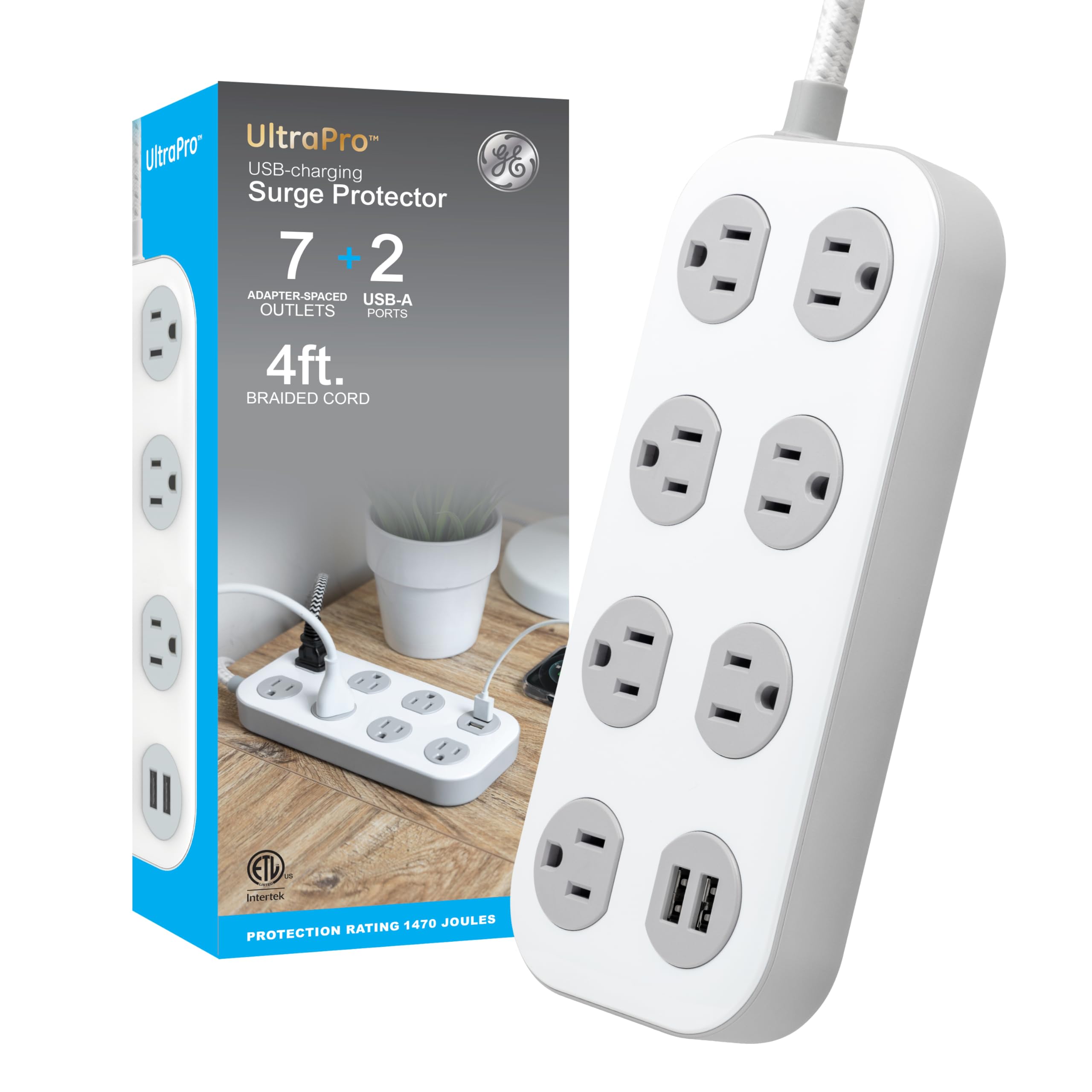 GE 7-Outlet Surge Protector Power Strip with USB, 2 USB-A, 4 Ft Braided Cord, Multi Plug Outlet Extender, Flat Plug, Charging Station, 2.4A, 1470 Joules, White/Gray, 81780