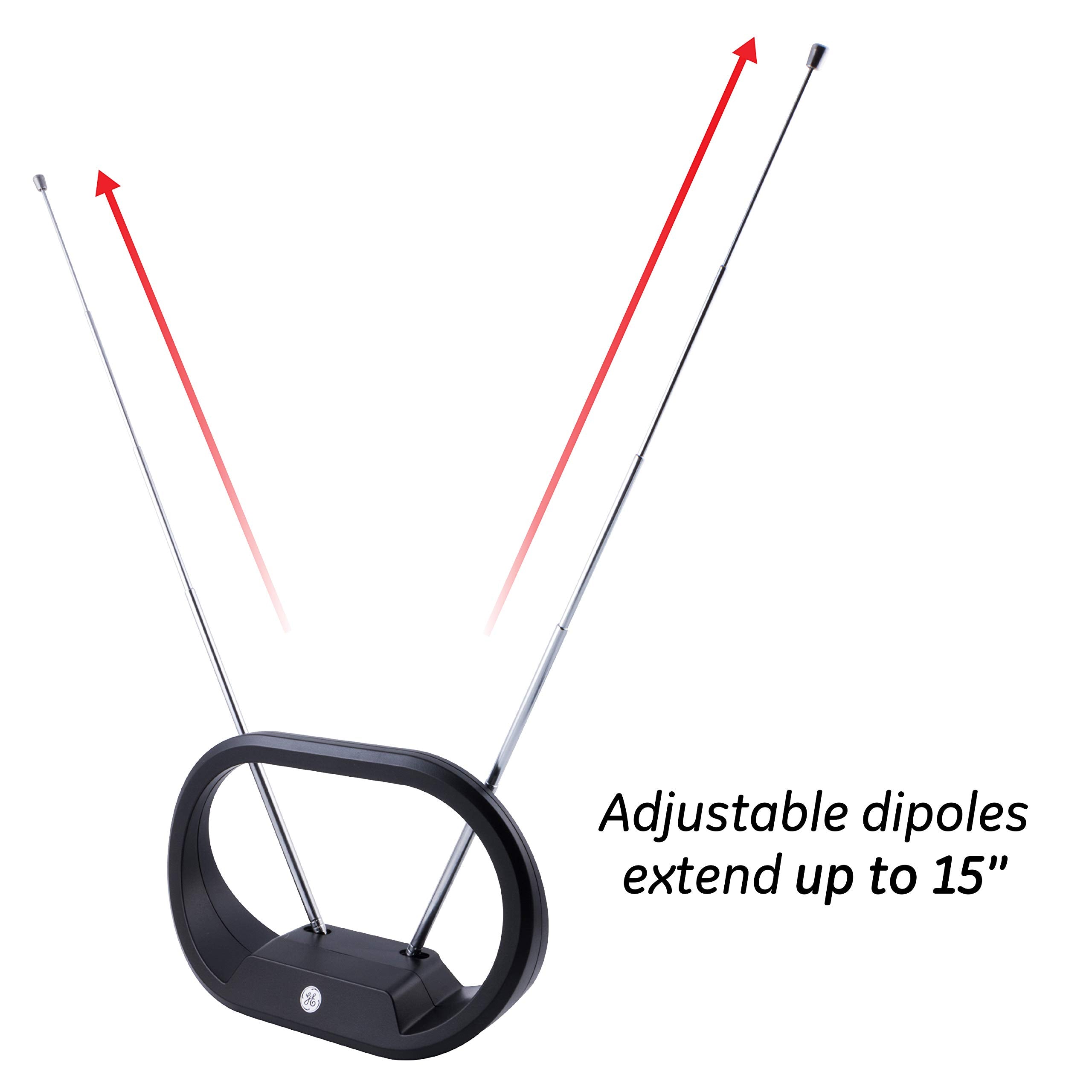 GE UltraPro Traditional Rabbit Ears Indoor Black TV Antenna, Dipoles, Weighted Base, Tabletop Antenna, Digital, HDTV Antenna, Smart TV Compatible, 4K 1080P VHF UHF, Compact Design, 33675