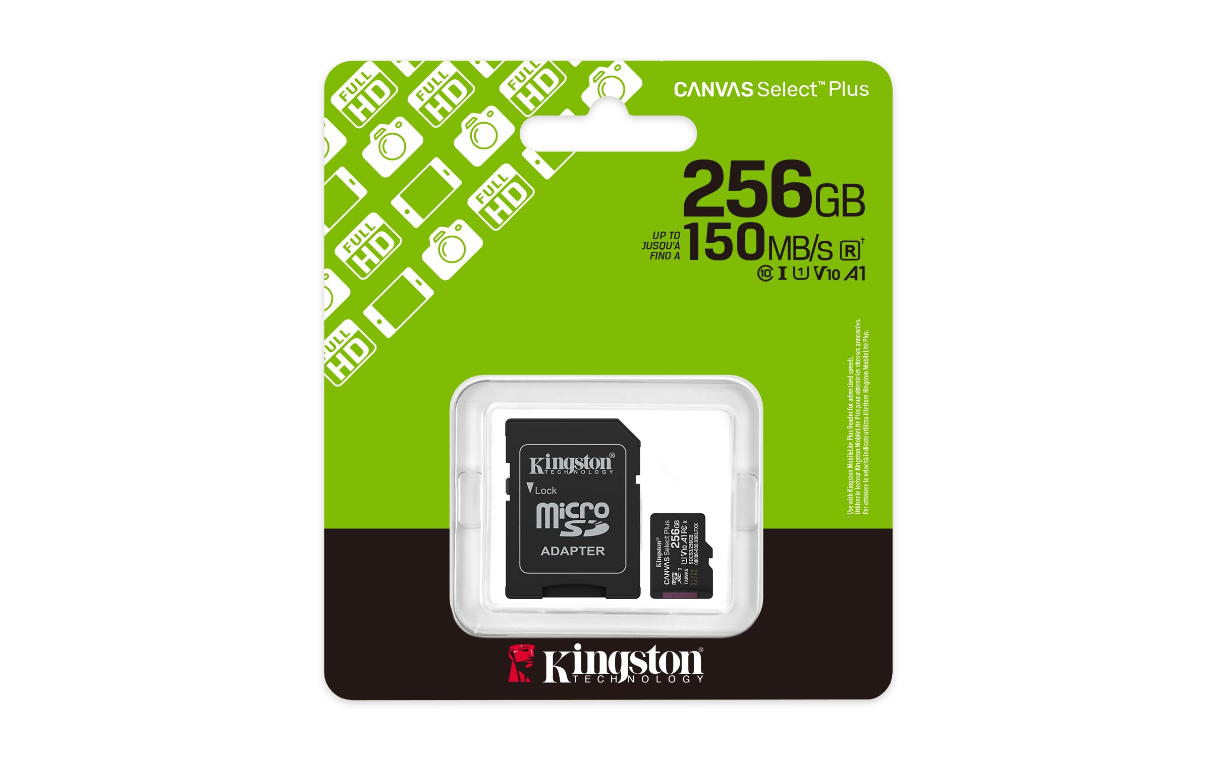 Kingston Canvas Select Plus microSD Memory Card 256GB microSDXC Gen3 150MB/s A1 Card + Adapter - SDCS3/256GB