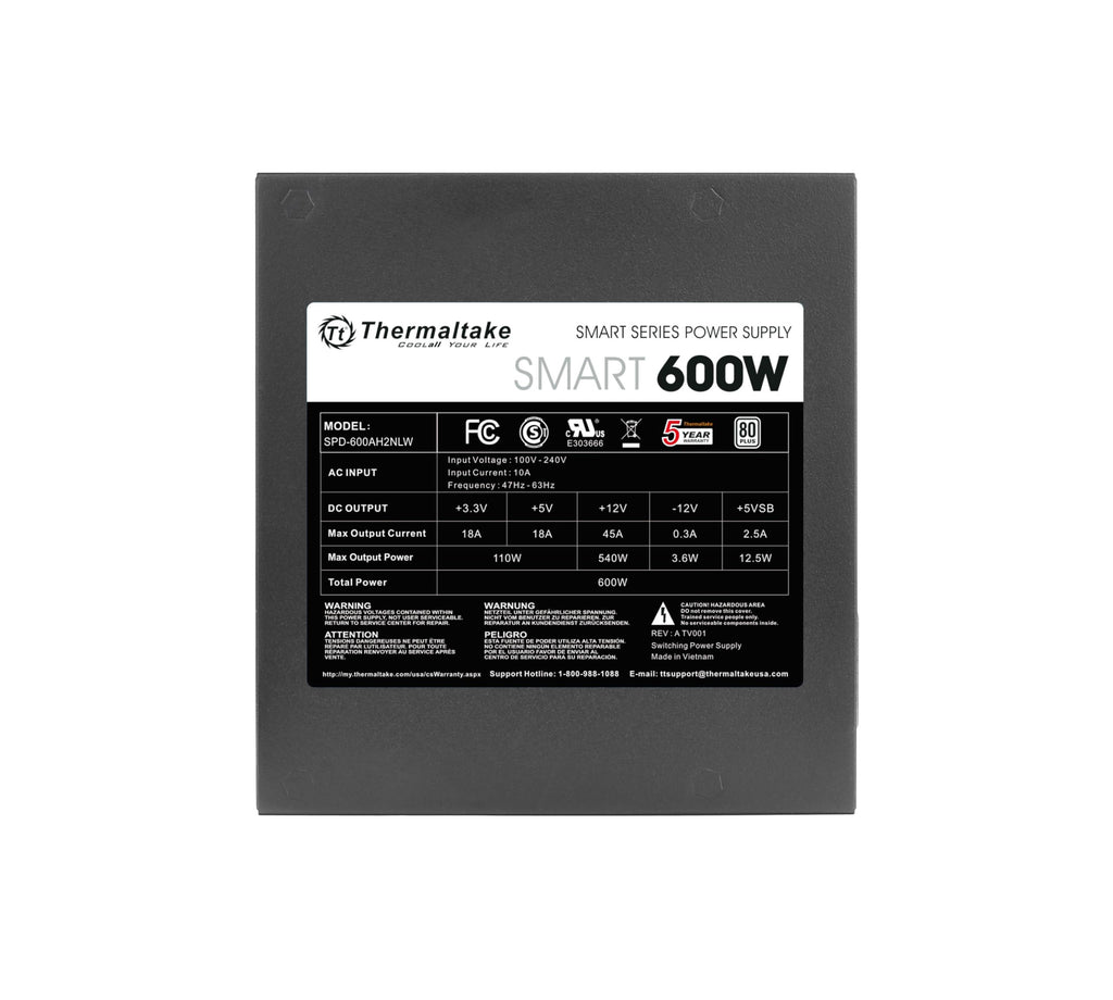 Thermaltake SMART 600W ATX 12V V2.3/EPS 12V 80 Plus Certified Active PFC Power Supply PS-SPD-0600NPCWUS-W