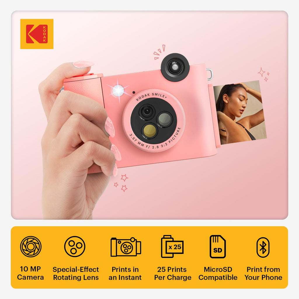 KODAK Smile+ 2-in-1 Digital Instant Camera & Wireless Bluetooth Photo Printer, 10MP, Special-Effect Rotating Lens, Zink 2x3" (5.1x7.5 cm) Sticky-Back Photos, Print via App from Smart Devices, Pink
