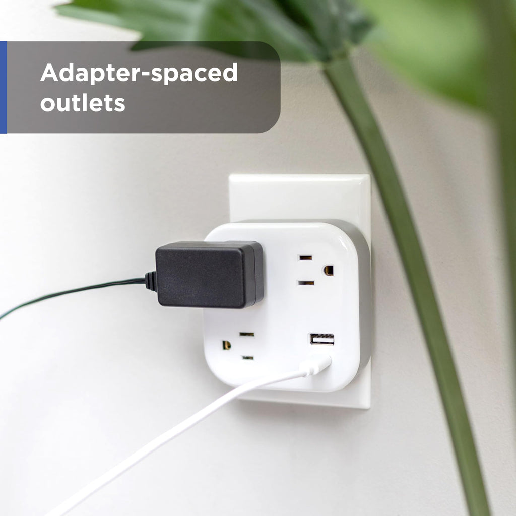 GE UltraPro 3-Outlet Surge Protector Wall Tap, 980J, USB-C & USB-A Ports, Adapter-Spaced Outlets, Circuit Breaker, ETL Certified, Low-Profile Design, White, 85875