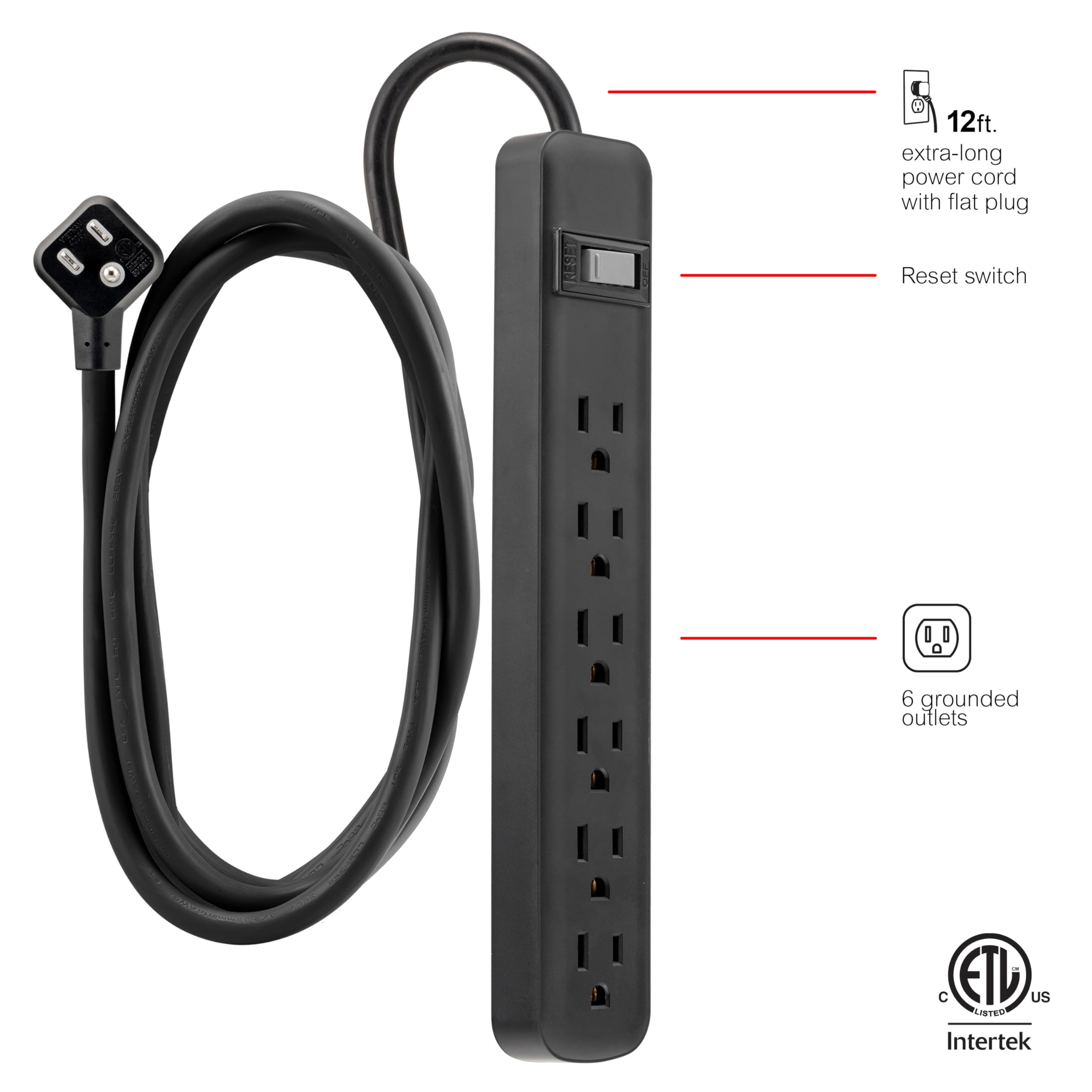 GE 6-Outlet Power Strip, 12 Ft Extension Cord, Flat Plug, Grounded, Integrated Circuit Breaker, 3-Prong, Wall Mount, UL Listed, Black, 45192
