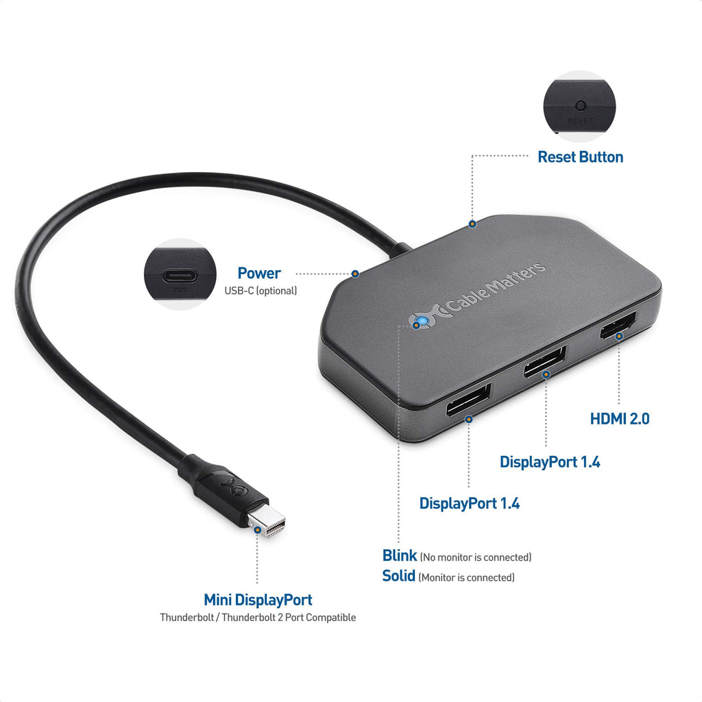 Cable Matters Triple 4K DisplayPort Splitter (Mini DisplayPort Hub) with 8K DisplayPort 1.4 and 4K HDMI for Windows, NOT Compatible with macOS