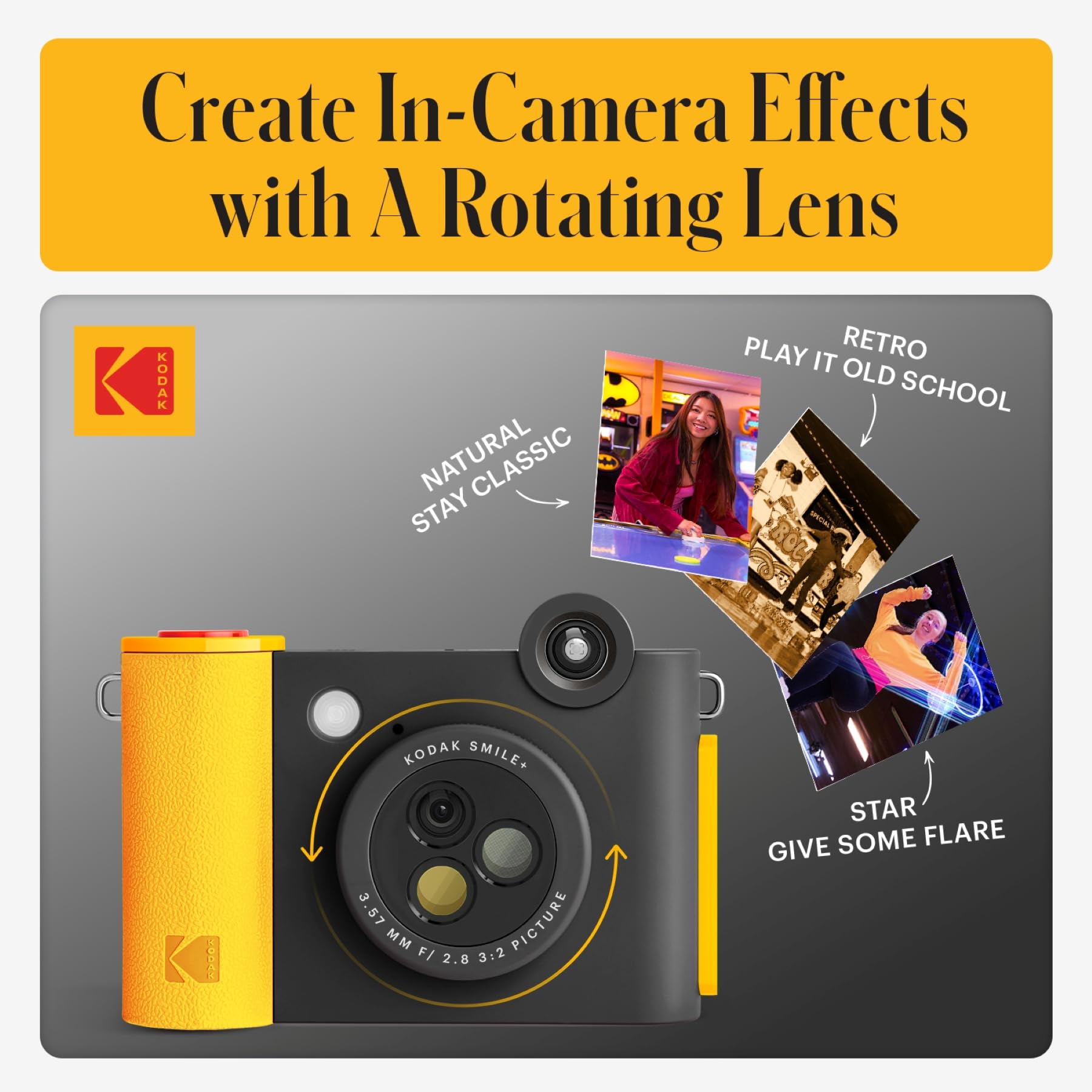 KODAK Smile+ 2-in-1 Digital Instant Camera & Wireless Bluetooth Photo Printer, 10MP, Special-Effect Rotating Lens, Zink 2x3" (5.1x7.5 cm) Sticky-Back Photos, Print via App from Smart Devices, Black