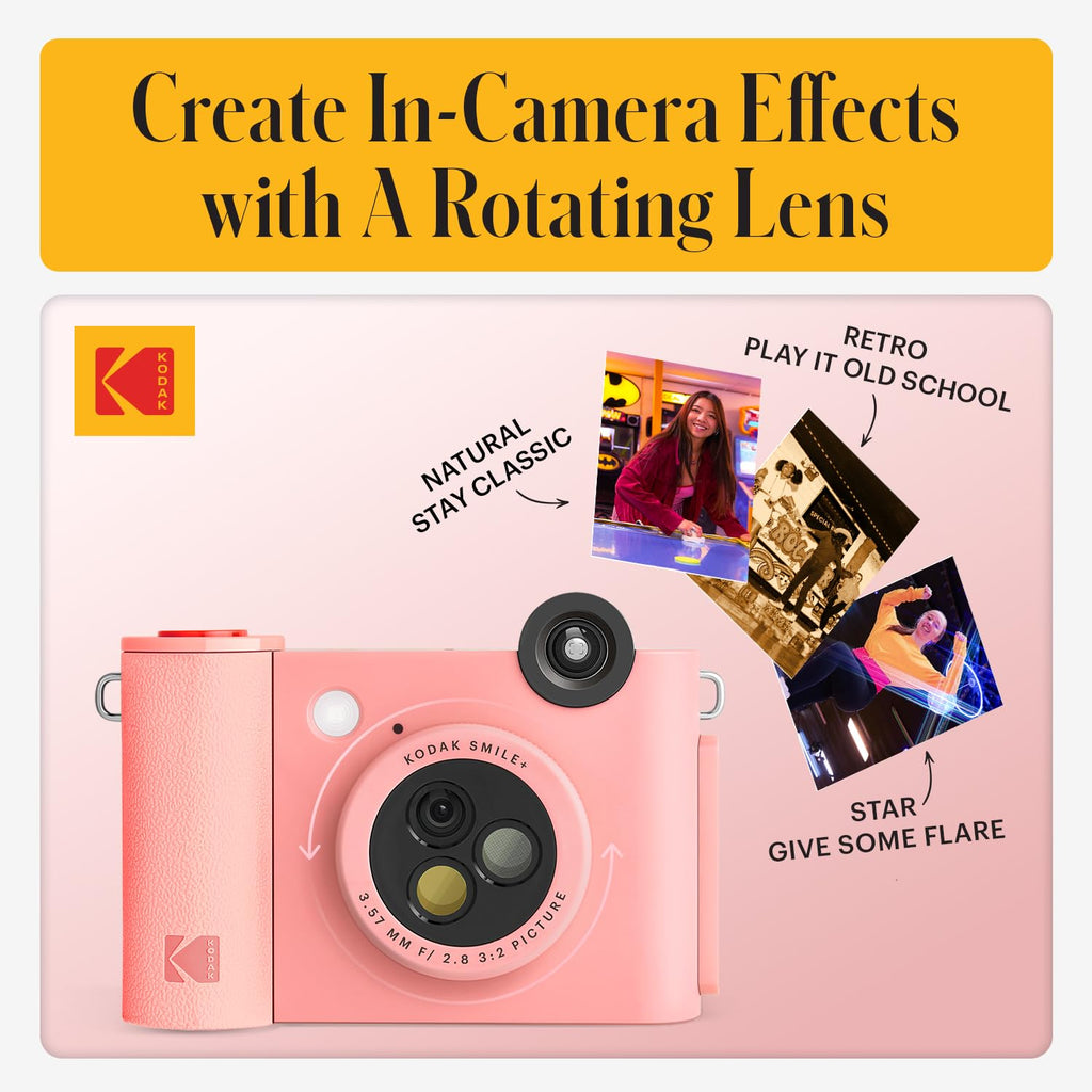 KODAK Smile+ 2-in-1 Digital Instant Camera & Wireless Bluetooth Photo Printer, 10MP, Special-Effect Rotating Lens, Zink 2x3" (5.1x7.5 cm) Sticky-Back Photos, Print via App from Smart Devices, Pink