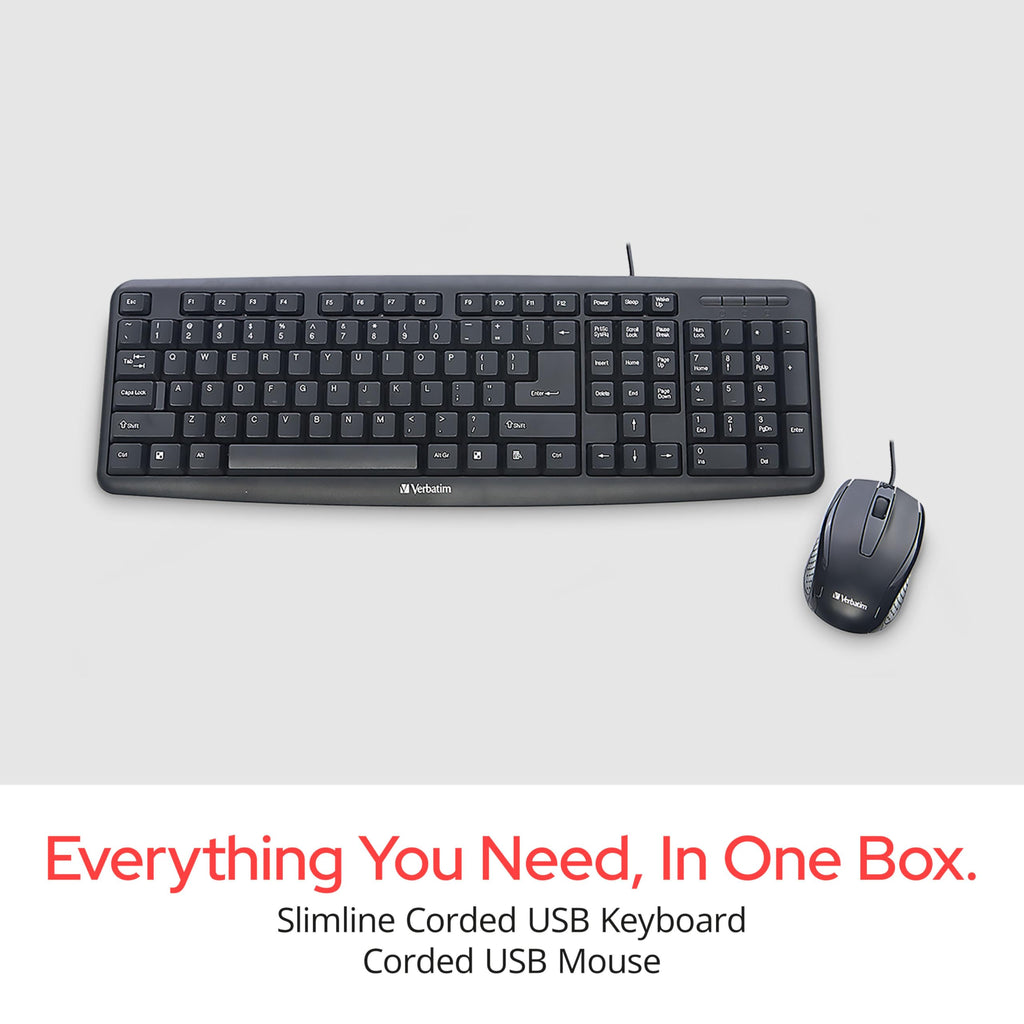 Verbatim Slimline Wired Keyboard and Mouse Combo USB Plug-and-Play Numeric Keypad Adjustable Tilt Legs Optical Corded Mouse Full-Size Computer Keyboard Compatible with PC, Laptop - FFP Packaging Black