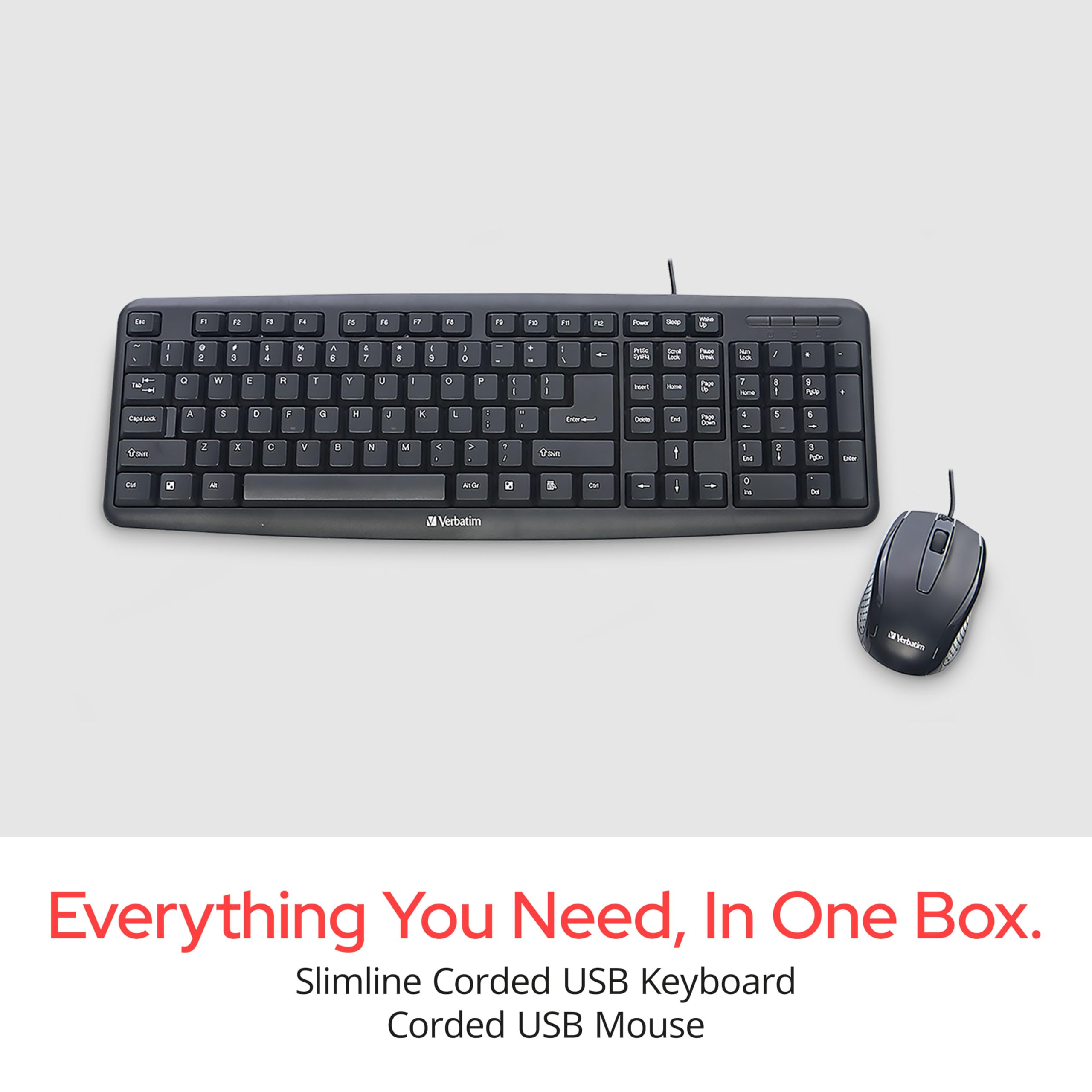 Verbatim Slimline Wired Keyboard and Mouse Combo USB Plug-and-Play Numeric Keypad Adjustable Tilt Legs Optical Corded Mouse Full-Size Computer Keyboard Compatible with PC, Laptop - FFP Packaging Black