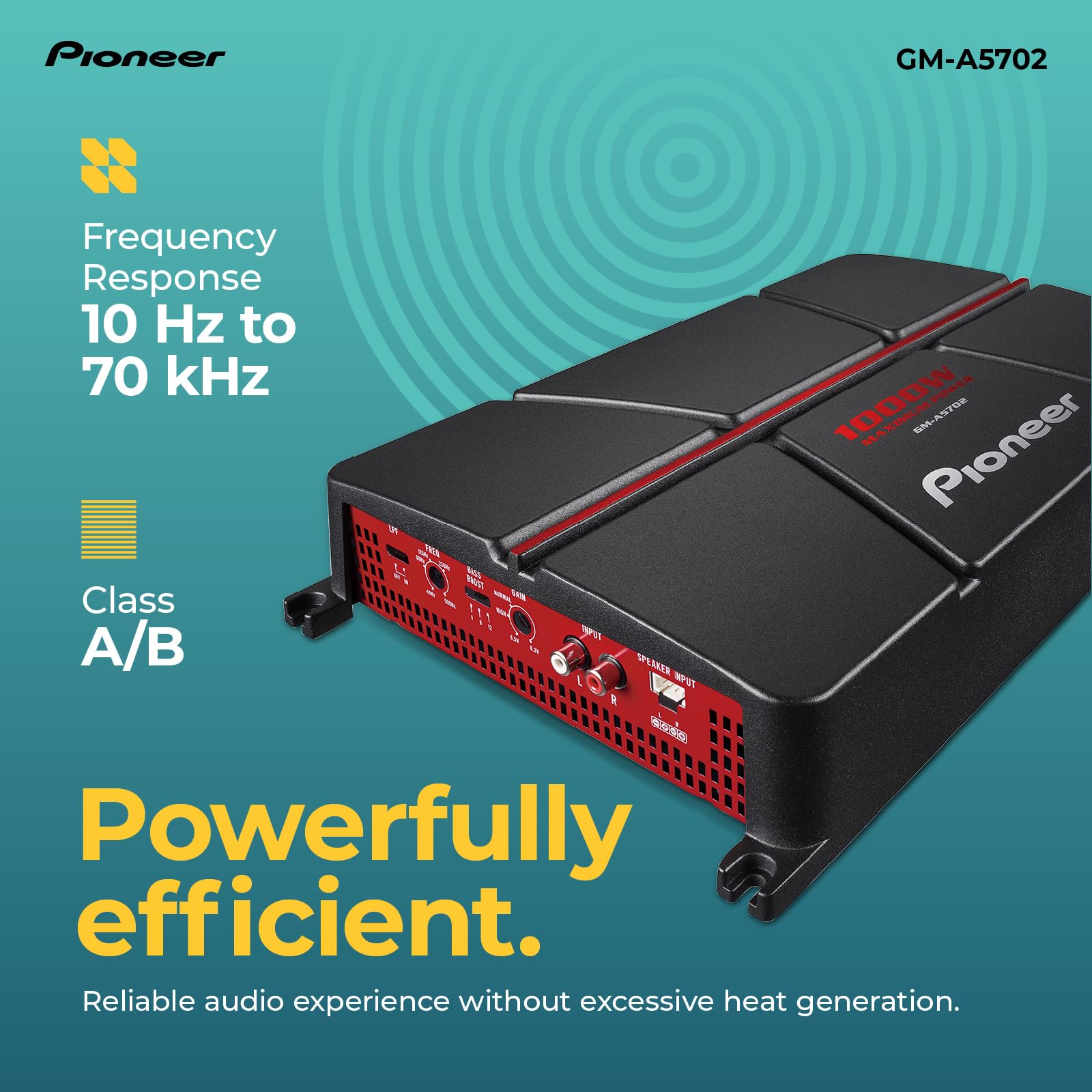 Pioneer GM-A5702 2-Channel Car Amplifier – 1000W Max, Class AB, Bridgeable Design, Bridgeable, Variable Filters, High Power