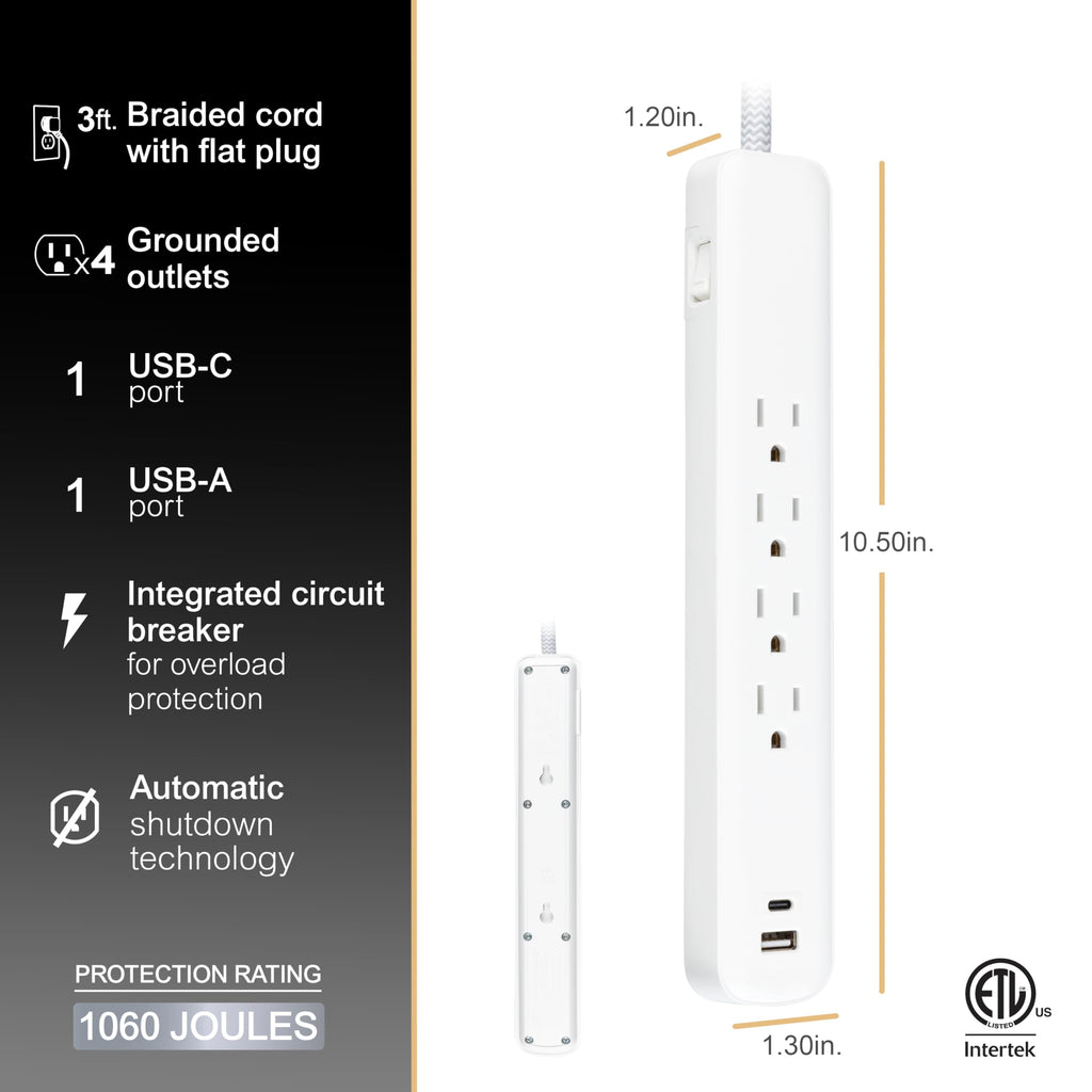 GE UltraPro 4 Outlet Surge Protector, USB-C Charging, 3 ft Designer Braided Cord, 1060 Joules, Compatible w/ iPhone 12/11/Pro/Max/Xs/XR/X/8, Samsung Galaxy S21/S10/S9/Plus, Google Pixel, White, 41354