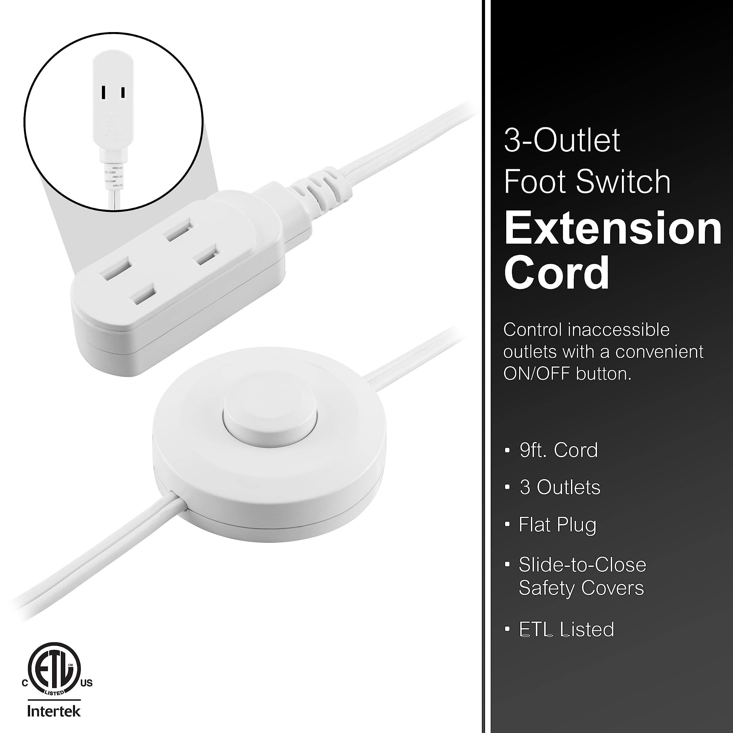 GE Extension Cord with Footswitch 3 Outlet Extension Cord with Multiple Outlets with On Off Switch Perfect for Work from Home Essentials 9ft Power Cord 16 Gauge UL Listed White 42803