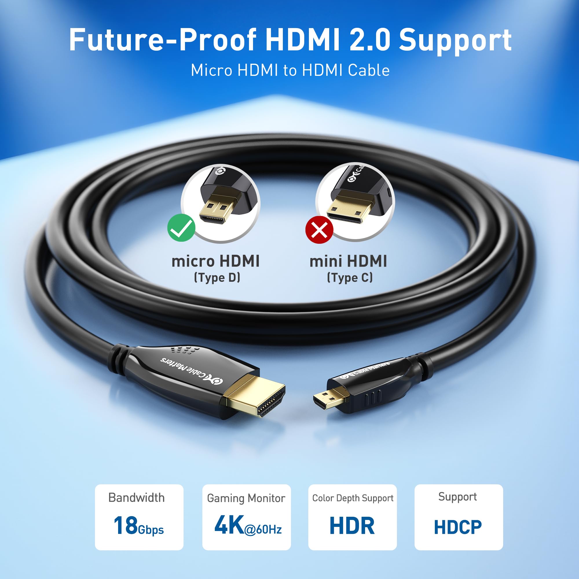 Cable Matters High-Speed 4K@60Hz Micro HDMI to HDMI Cable - 6ft, Ideal for Tablet, Notebook, Camera, Raspberry Pi 4 and Raspberry Pi 5