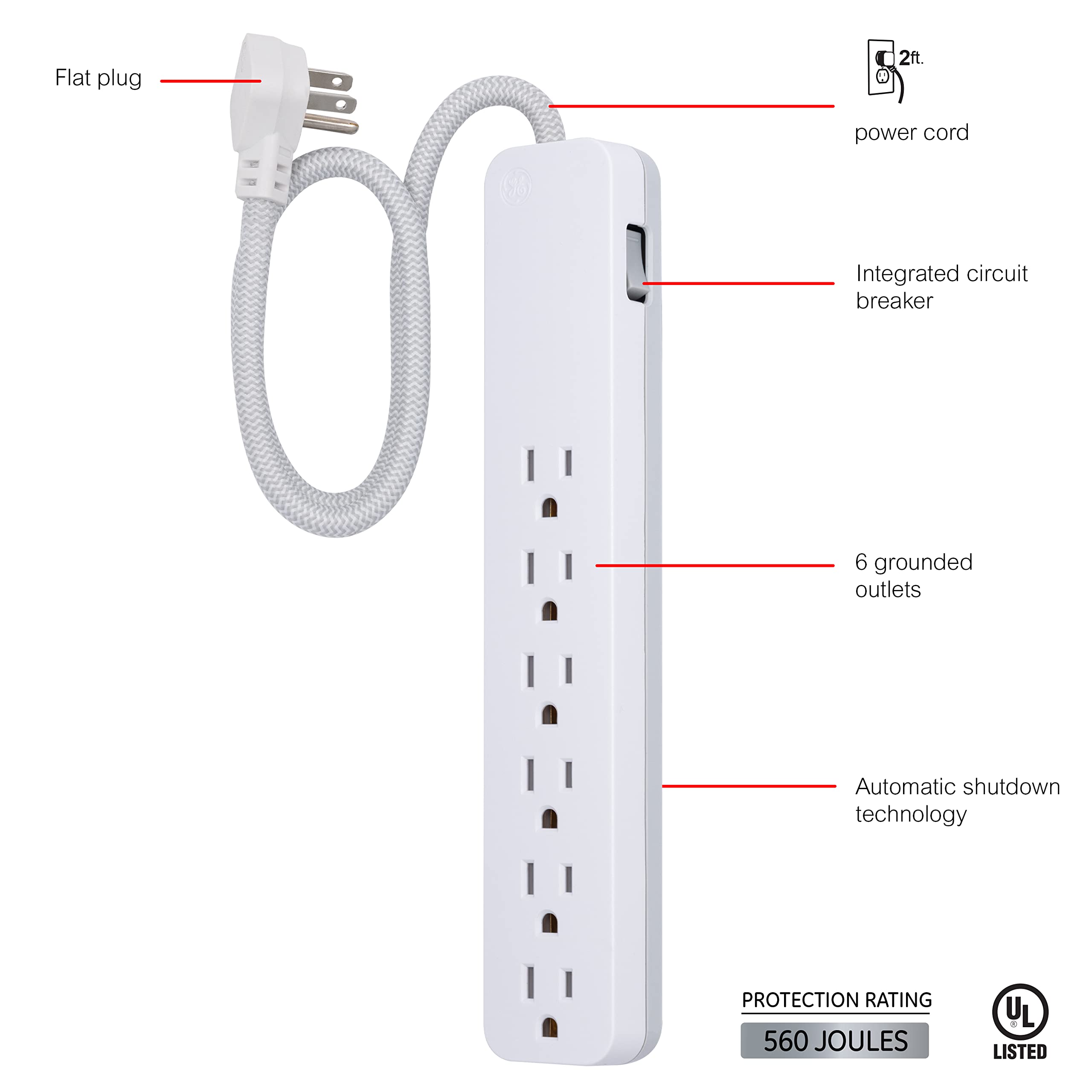 GE UltraPro 6-Outlet Power Bar Surge Protector, 2 Ft Designer Braided Extension Cord, 560 Joules, Flat Plug, Wall Mount, UL Listed, White, 45264