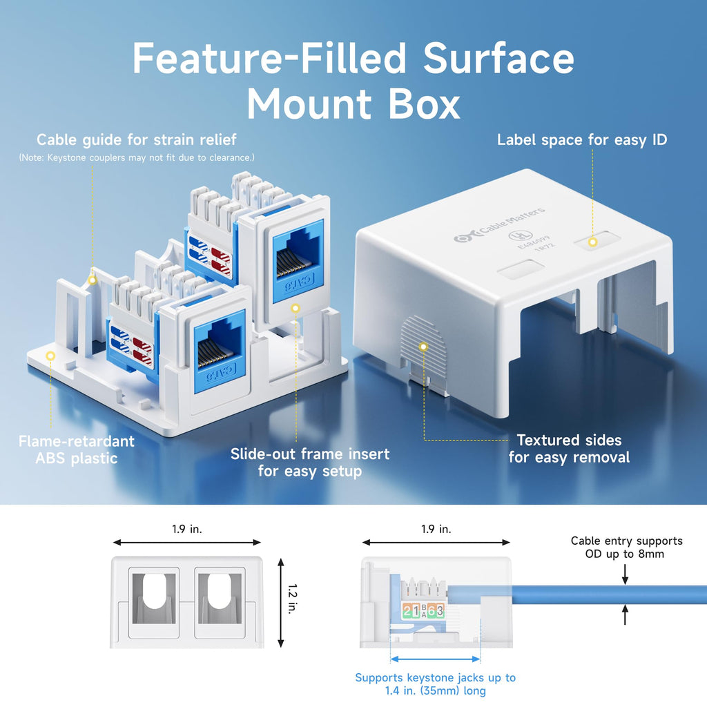 Cable Matters 10-Pack, 2-Port Keystone Jack Surface Mount Box in White