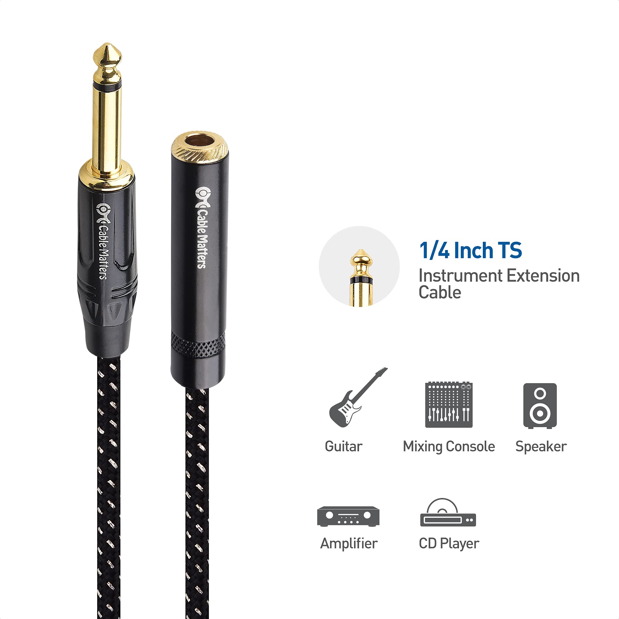 Cable Matters 10 Feet 1/4 Inch TS Male to Female Extension Cable, Black, 2-Pack, Compatible with Microphone, Speaker, Mixer