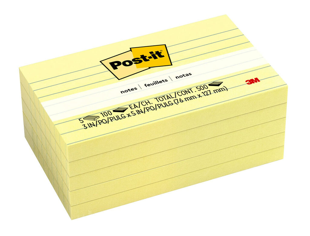 Post-it Notes, 3 in x 5 in, Canary Yellow, Lined, 5 Pads/Pack (100feuilles – Post-it Yellow 3 in x 5 in, Canary Yellow, Lined, 5 Pads/Pack, 30 mm, 50 mm, 100 Sheets)