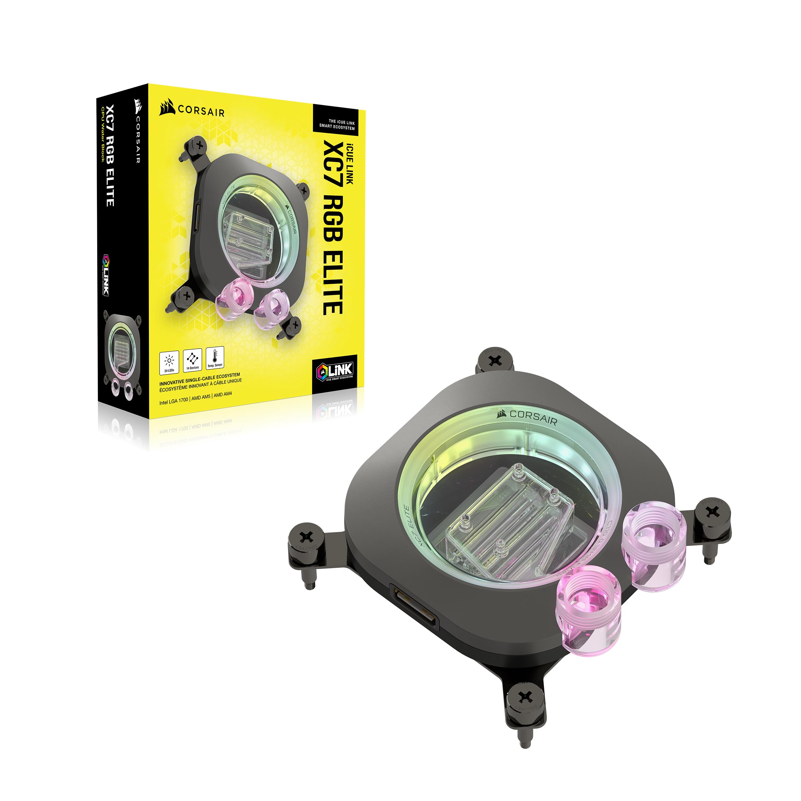 Corsair iCUE LINK XC7 RGB ELITE CPU Water Block - Transparent Flow Chamber - 24 RGB LEDs - Fits Intel® LGA 1700, AMD® AM5 and older - Stealth Grey