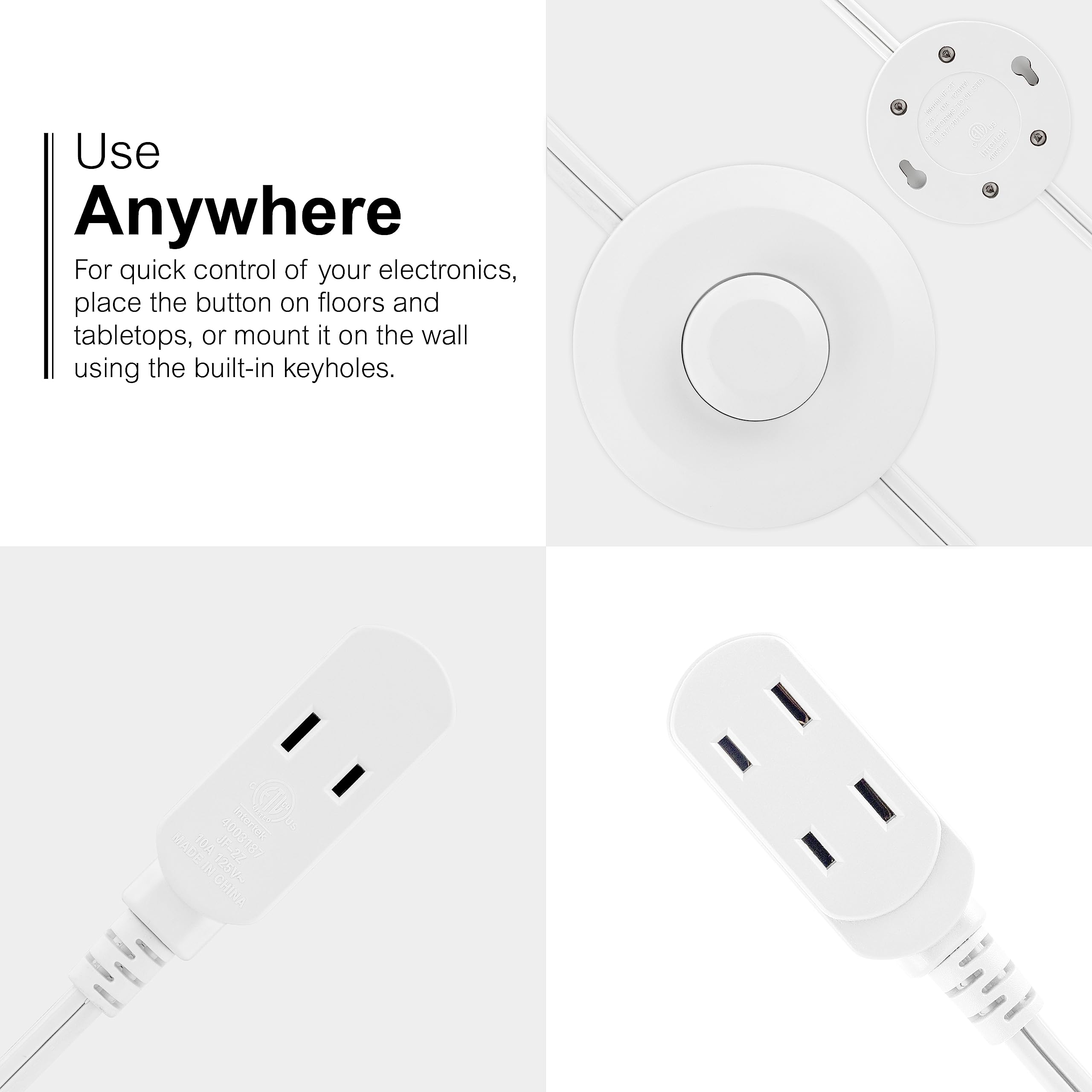 GE Extension Cord with Footswitch 3 Outlet Extension Cord with Multiple Outlets with On Off Switch Perfect for Work from Home Essentials 9ft Power Cord 16 Gauge UL Listed White 42803