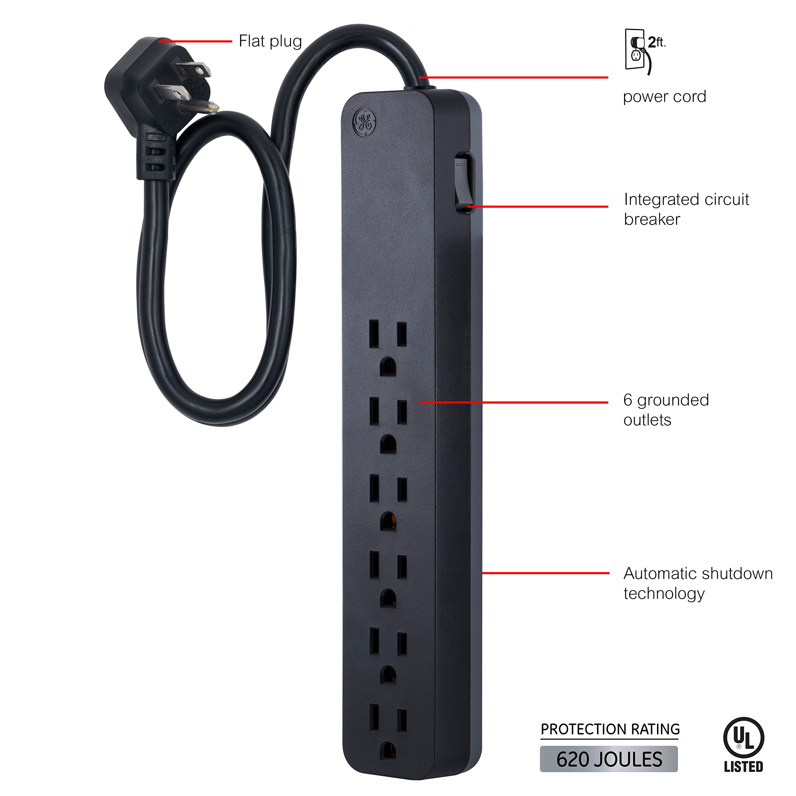 GE Pro 6-Outlet Surge Protector, 2 Ft Extension Cord, 620 Joules, Power Strip, Flat Plug, Integrated Circuit Breaker, Wall Mount, UL Listed, Black, 45170