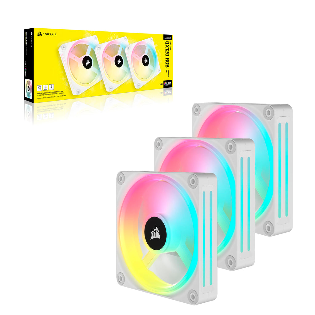 Corsair iCUE LINK QX120 RGB 120mm Magnetic Dome RGB Fans - Triple Fan Starter Kit with iCUE LINK System Hub - White
