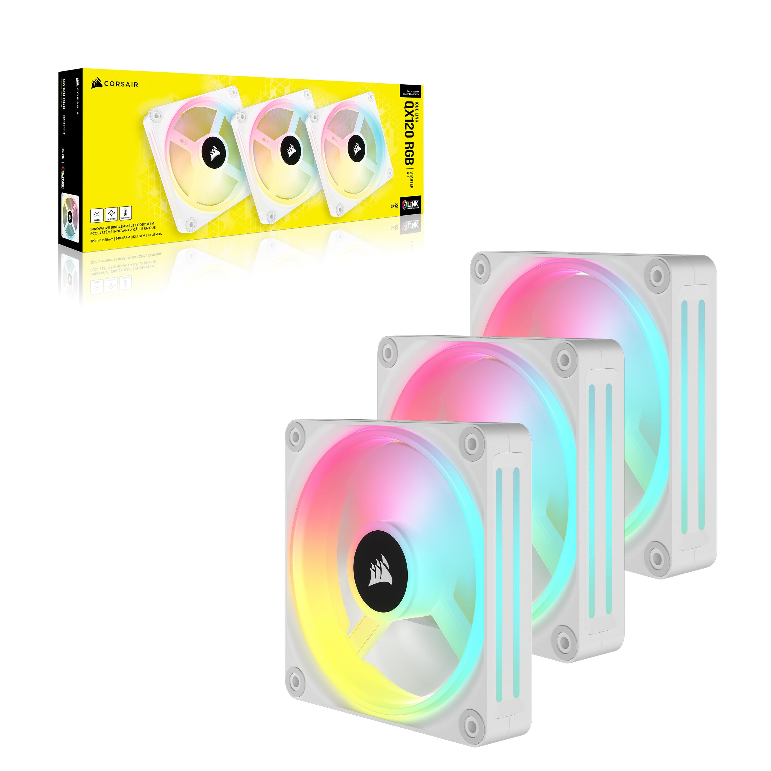 Corsair iCUE LINK QX120 RGB 120mm Magnetic Dome RGB Fans - Triple Fan Starter Kit with iCUE LINK System Hub - White