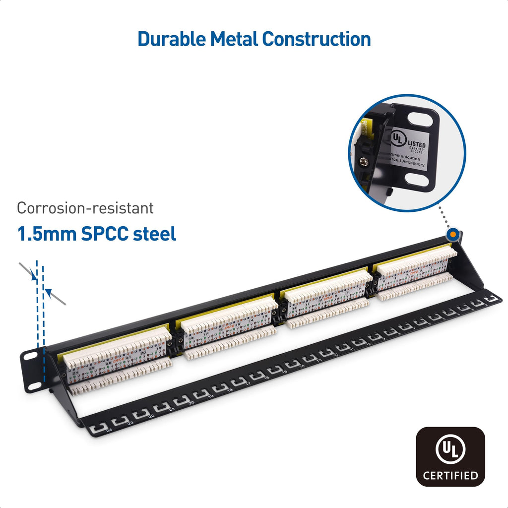 Cable Matters Rackmount or Wall Mount 1U 24-Port Cat 6 Network Patch Panel with Support Bar
