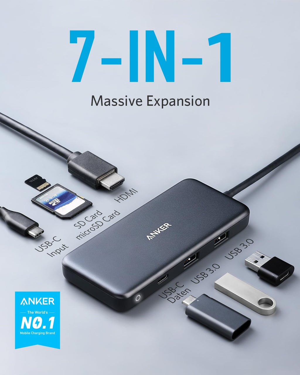 Anker USB C Hub, 7-in-1 USB C Adapter, with 4K USB C to HDMI, 100W Power Delivery, USB C Data Port, microSD/SD Card Reader, 2 USB 3.0 Ports, for MacBook Pro 2017/2018, Chromebook, XPS, and More