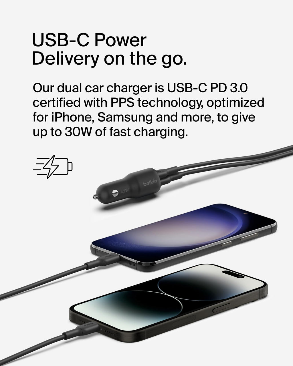 Belkin BoostCharge Dual Car Charger 42W w/Fast Charge USB-C 30W PPS & 12W USB-A Ports + USB-C to Lightning Cable for Apple iPhone 16, Plus, Pro, Pro Max, iPhone 15, Samsung Galaxy S24, & More - Black