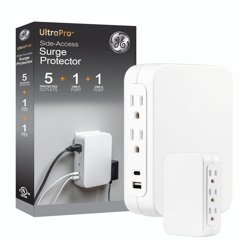 GE USB C 5 Outlet Extender, Side-Access, Wall Tap Surge Protector, Multi-Plug, USB A, 3-Prong, Secure Install, White, 83503