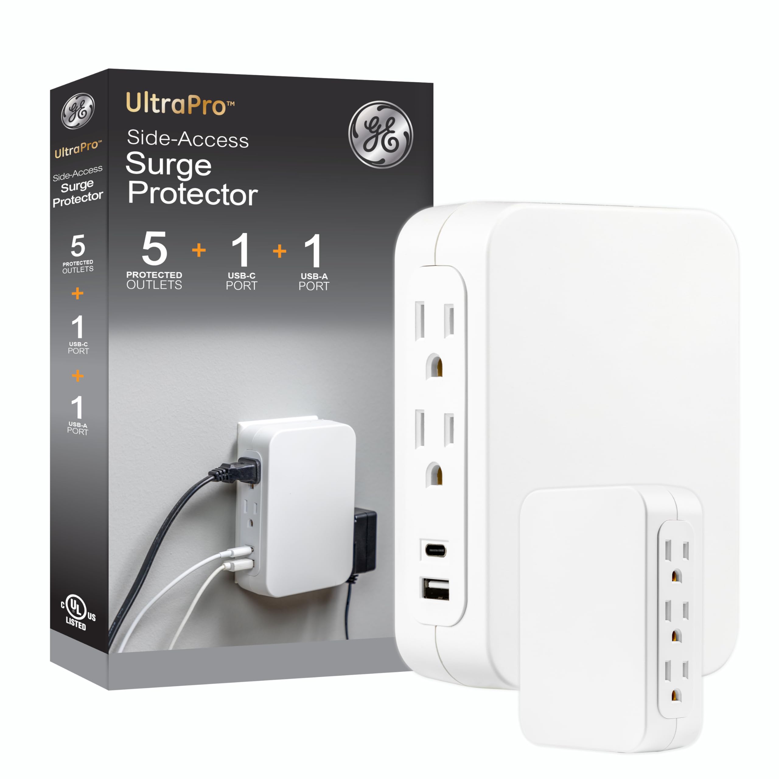 GE USB C 5 Outlet Extender, Side-Access, Wall Tap Surge Protector, Multi-Plug, USB A, 3-Prong, Secure Install, White, 83503