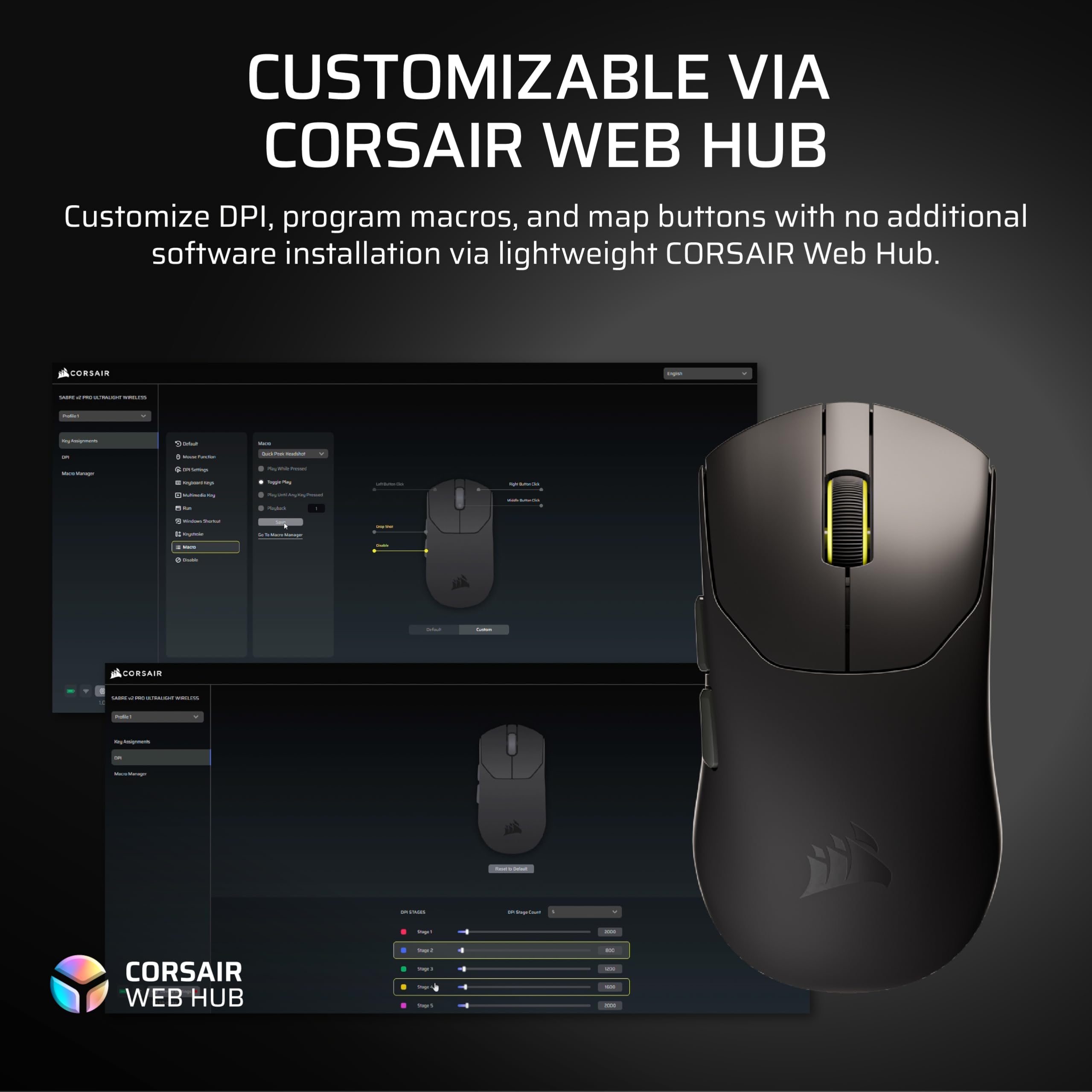 Corsair Sabre v2 PRO Ultralight Wireless FPS Gaming Mouse - 33,000 DPI, Weight 36 g, Hyper-Polling 8000 Hz, Mechanical Switches, Wireless Battery Life Up To 70 Hours